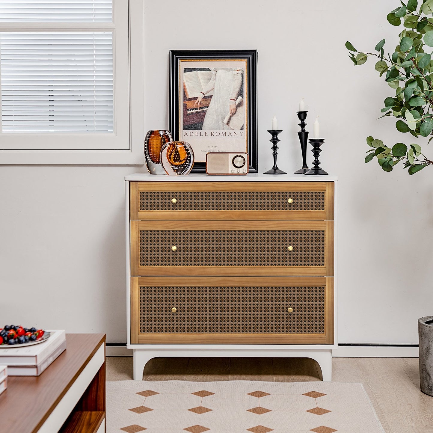 3-Drawer Rattan Dresser Chest with Anti-toppling Device, Brown - Gallery Canada