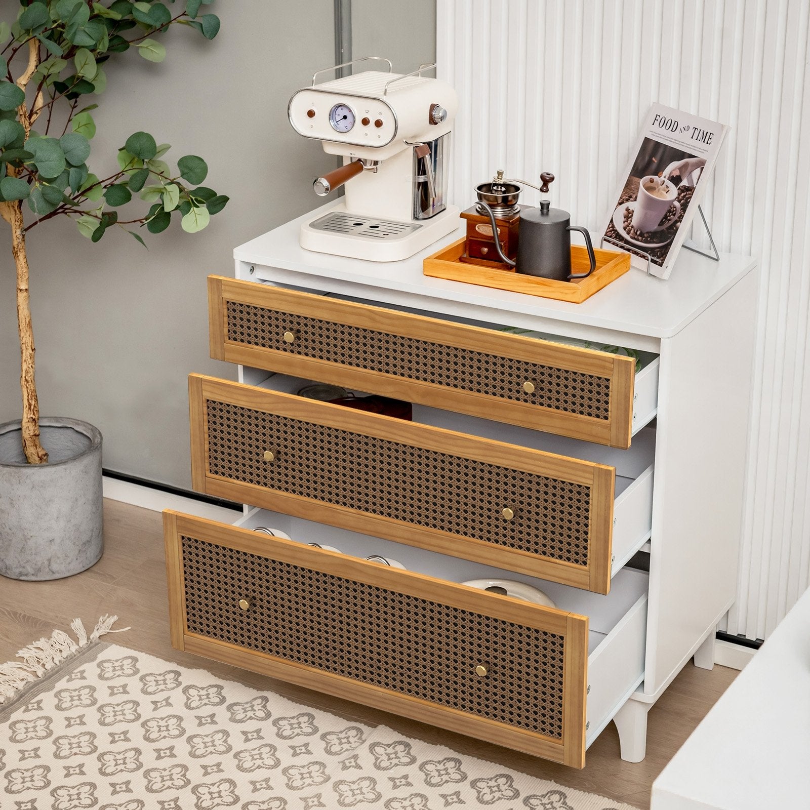 3-Drawer Rattan Dresser Chest with Anti-toppling Device, Brown - Gallery Canada