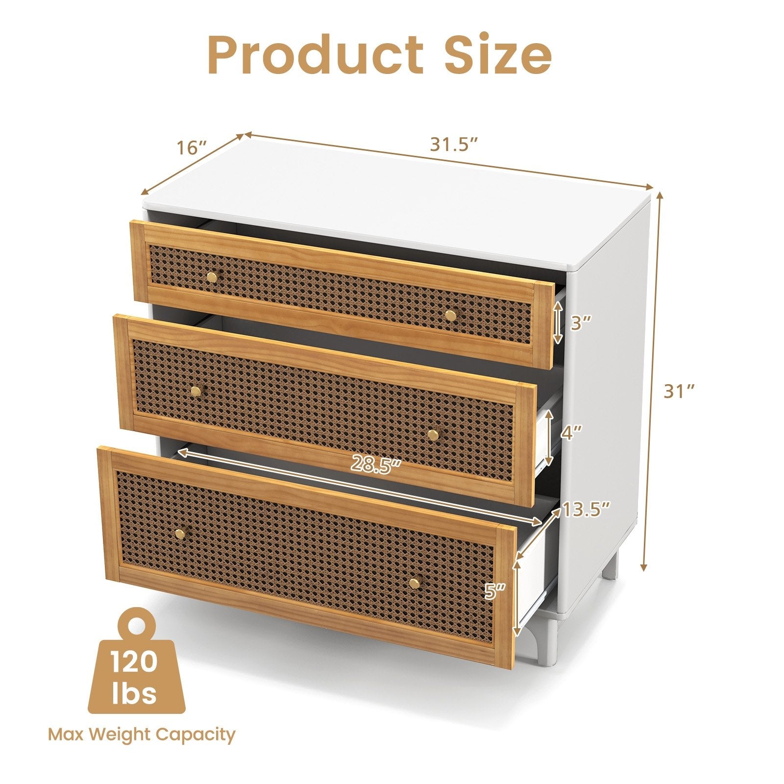 3-Drawer Rattan Dresser Chest with Anti-toppling Device, Brown Dressers & Chests   at Gallery Canada