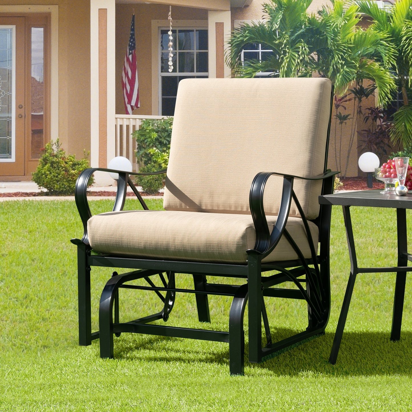 Patio Glider Rocking Chair with Thick Cushion and Curved Armrest, Tan Patio Rocking Chairs & Gliders   at Gallery Canada