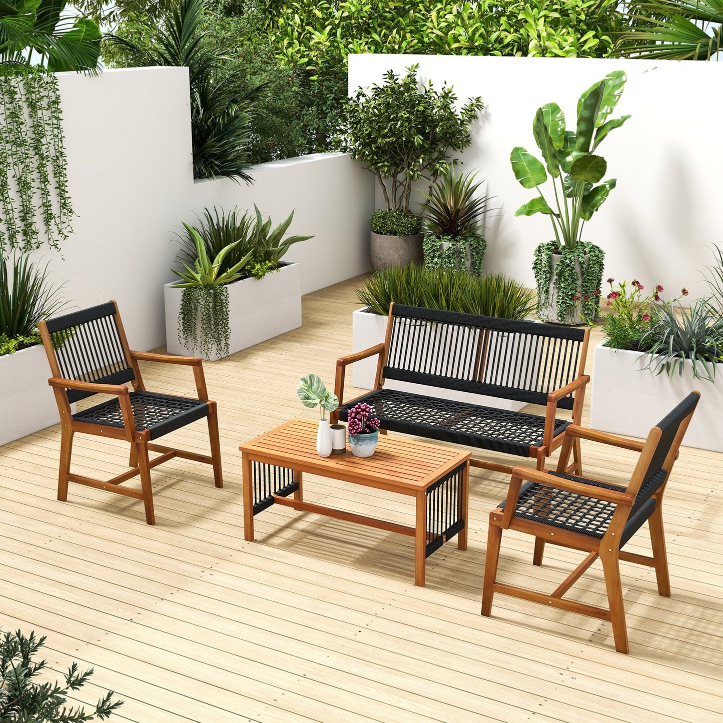 4 Pieces Acacia Wood Patio Conversation Table and Chair Set with Hand Woven Rope, Natural Patio Conversation Sets   at Gallery Canada