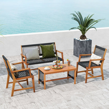 4 Pieces Acacia Wood Patio Conversation Table and Chair Set with Hand Woven Rope, Natural Patio Conversation Sets   at Gallery Canada