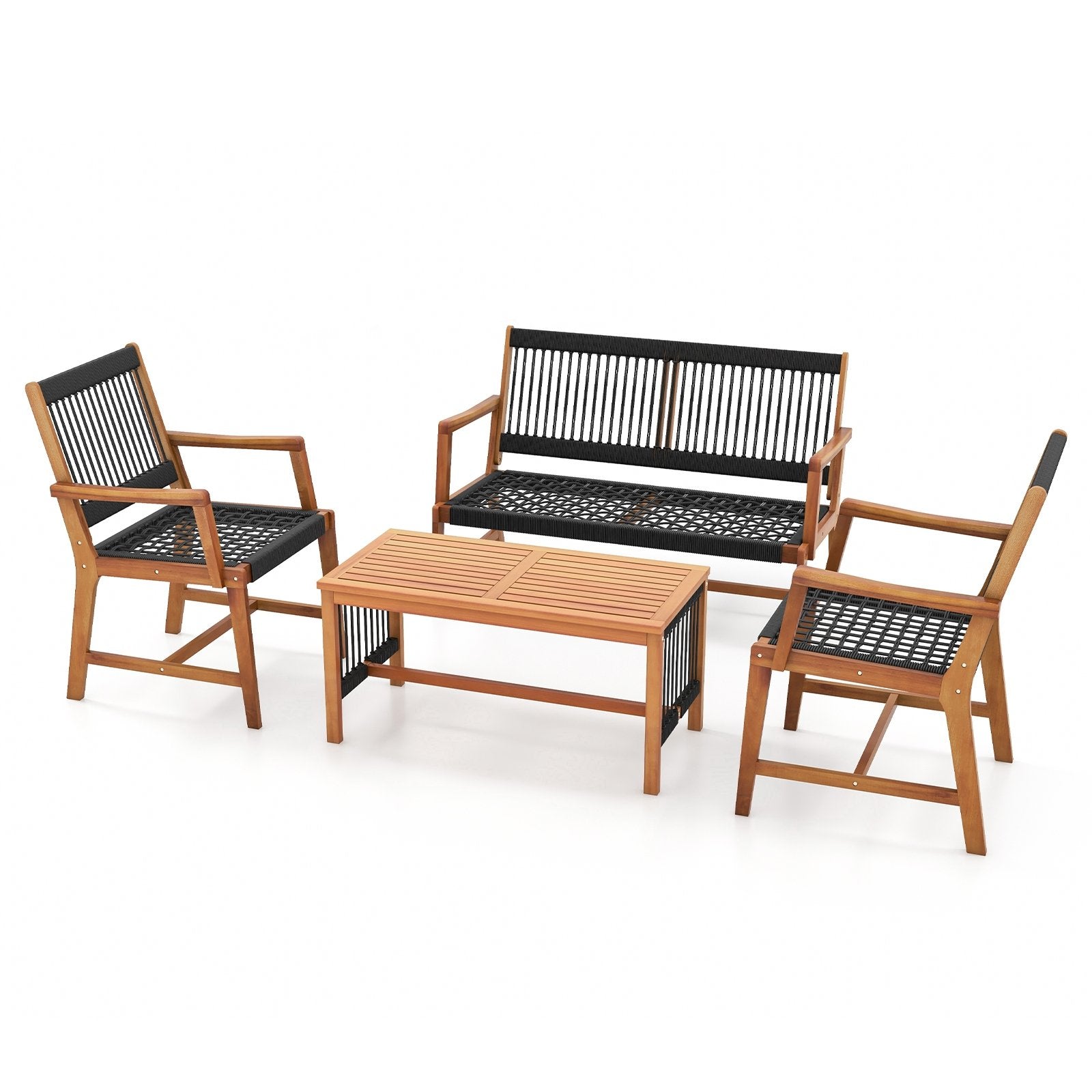 4 Pieces Acacia Wood Patio Conversation Table and Chair Set with Hand Woven Rope, Natural Patio Conversation Sets   at Gallery Canada