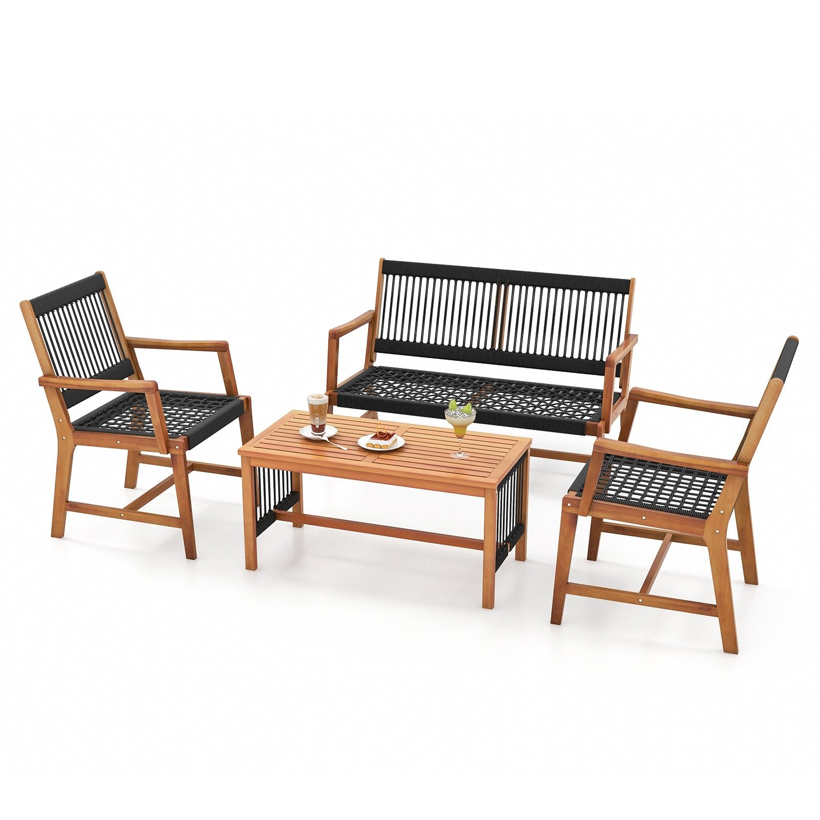 4 Pieces Acacia Wood Patio Conversation Table and Chair Set with Hand Woven Rope, Natural Patio Conversation Sets   at Gallery Canada