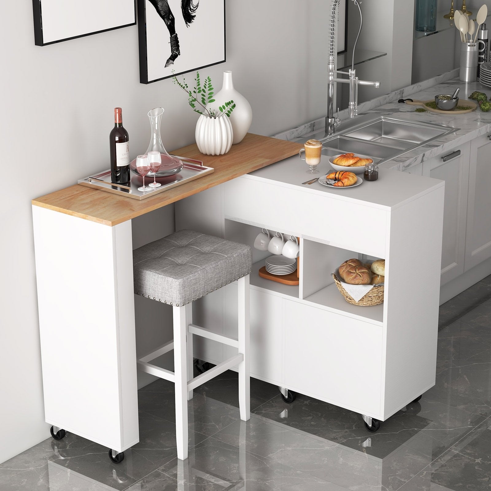 Reversible Folding Kitchen Island Cart with Wine Rack and Spice Rack, White Kitchen Islands & Carts   at Gallery Canada