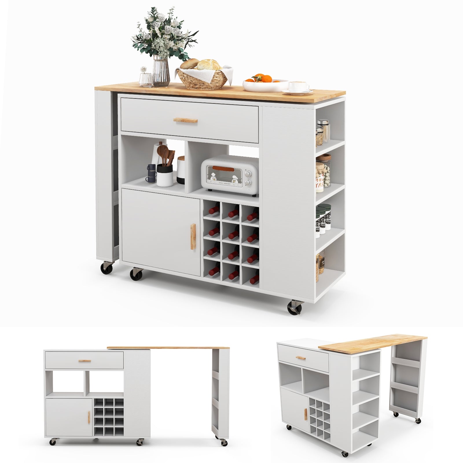 Reversible Folding Kitchen Island Cart with Wine Rack and Spice Rack, White Kitchen Islands & Carts at Gallery Canada
