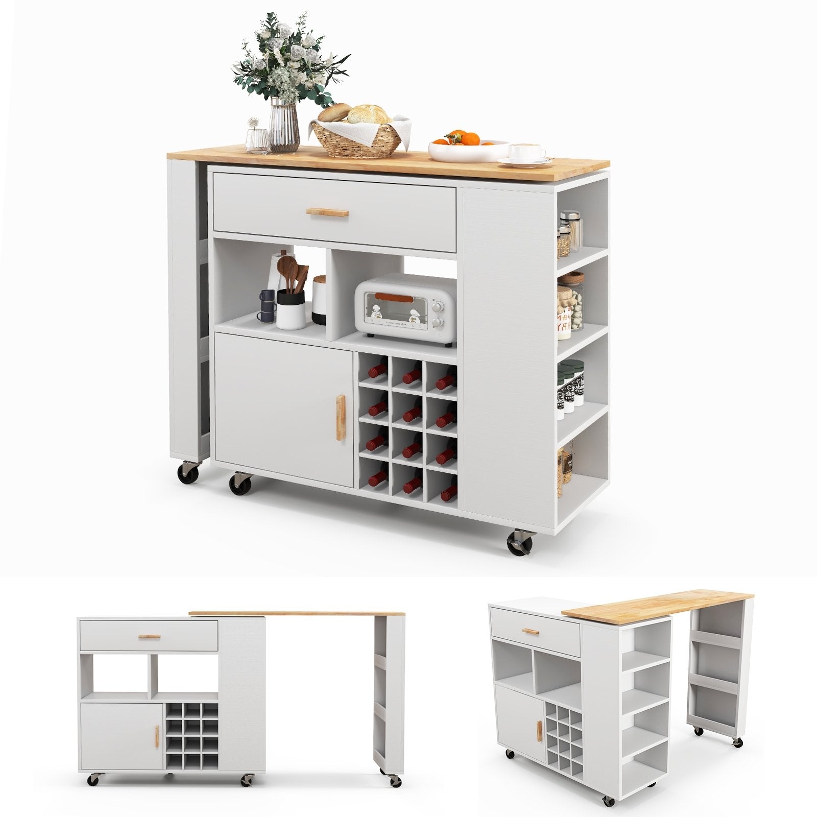 Reversible Folding Kitchen Island Cart with Wine Rack and Spice Rack, White Kitchen Islands & Carts White at Gallery Canada