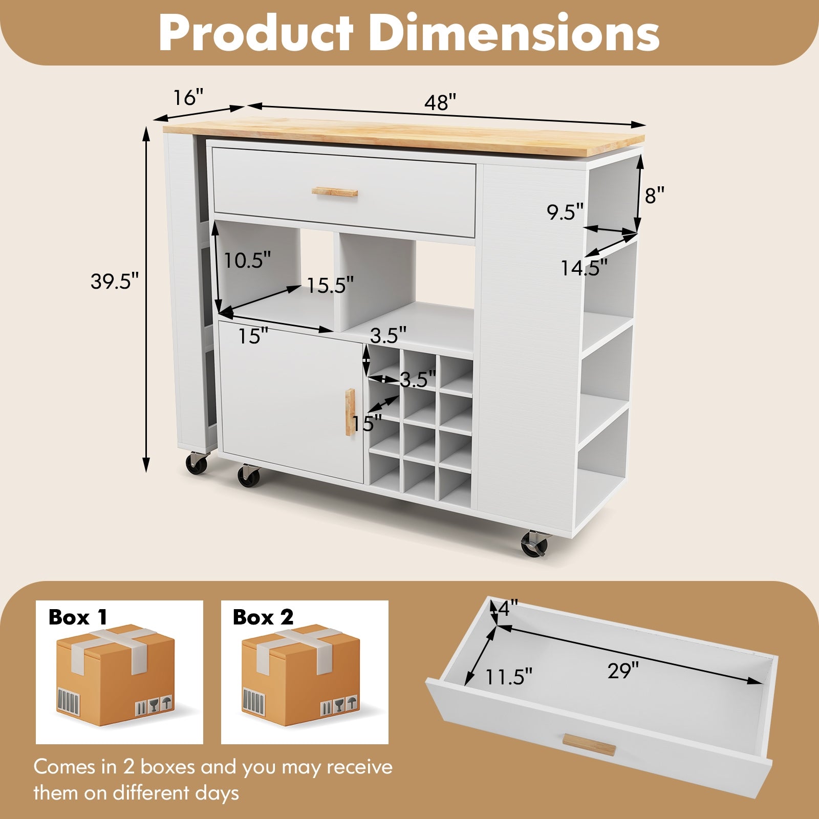 Reversible Folding Kitchen Island Cart with Wine Rack and Spice Rack, White Kitchen Islands & Carts at Gallery Canada