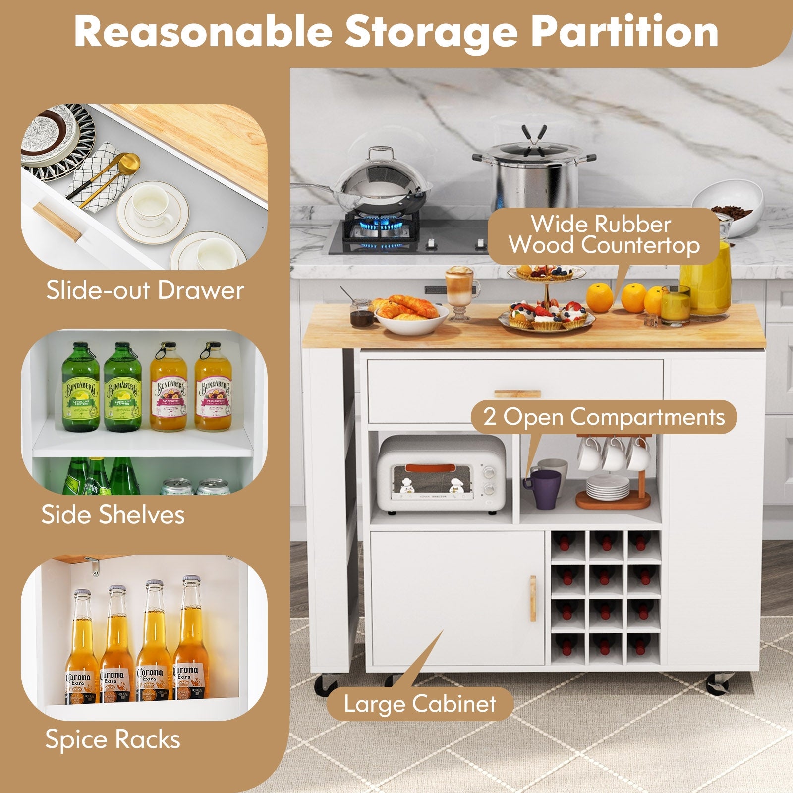 Reversible Folding Kitchen Island Cart with Wine Rack and Spice Rack, White Kitchen Islands & Carts at Gallery Canada