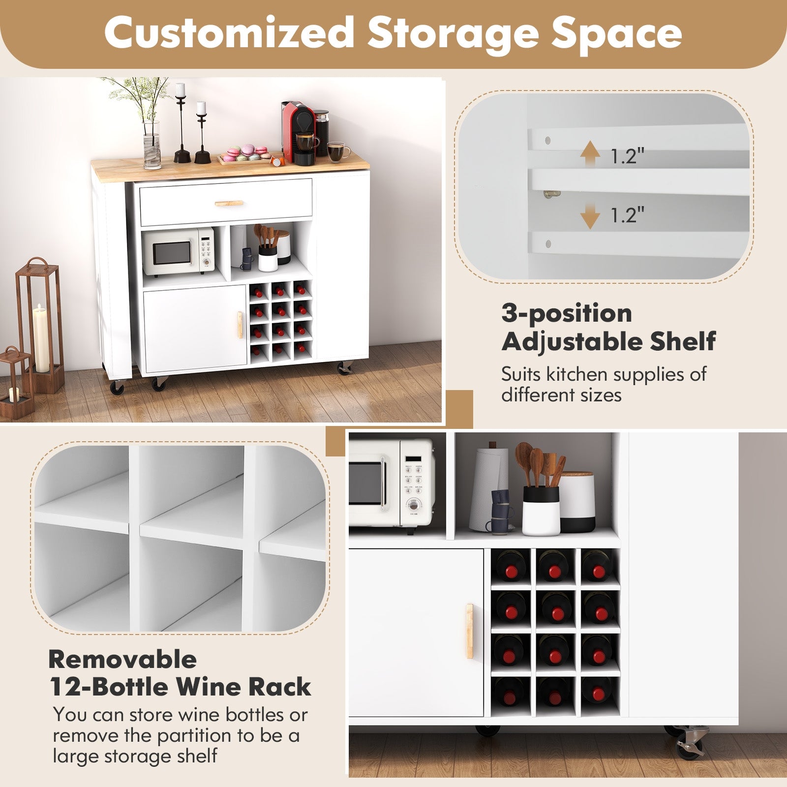 Reversible Folding Kitchen Island Cart with Wine Rack and Spice Rack, White Kitchen Islands & Carts at Gallery Canada