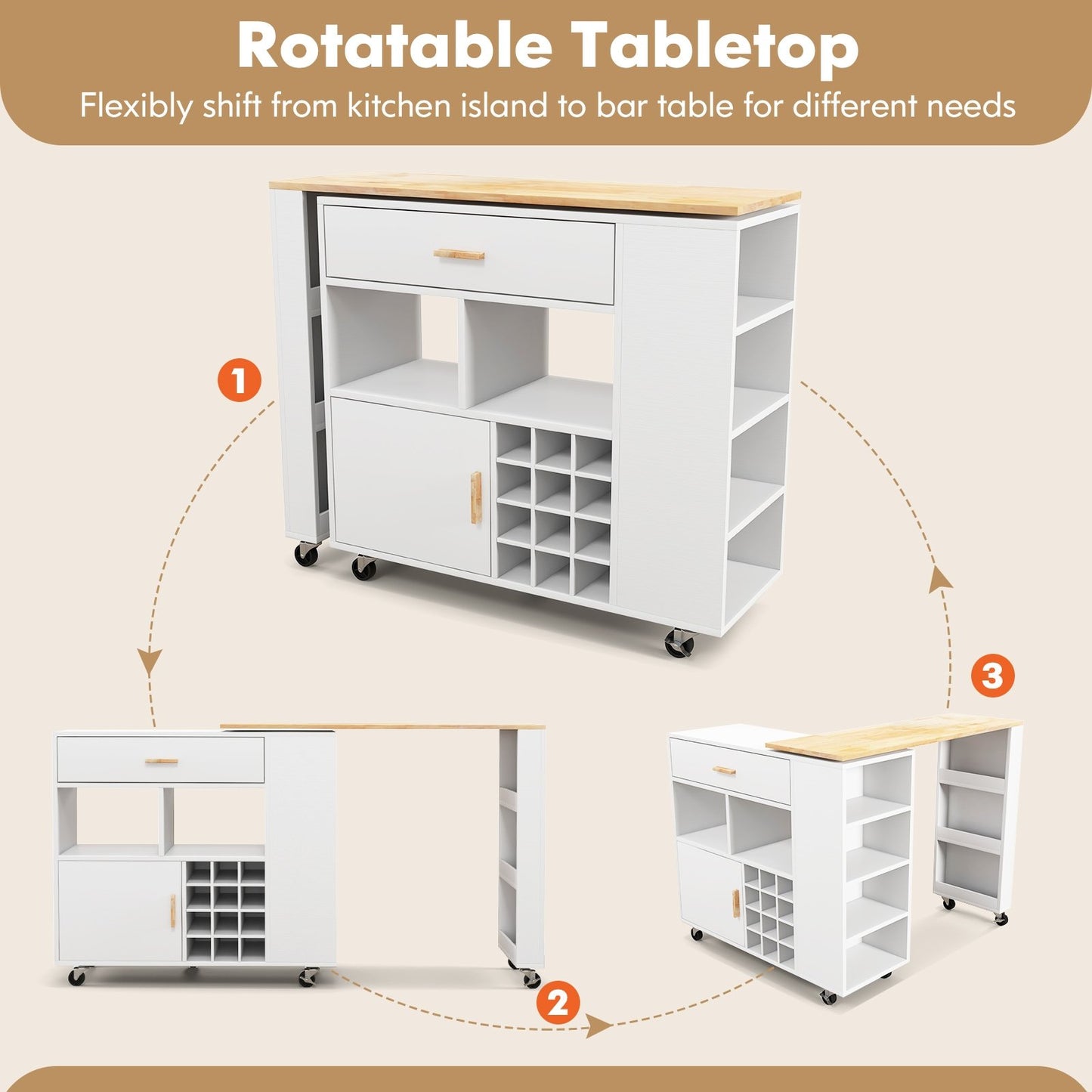 Reversible Folding Kitchen Island Cart with Wine Rack and Spice Rack, White Kitchen Islands & Carts   at Gallery Canada