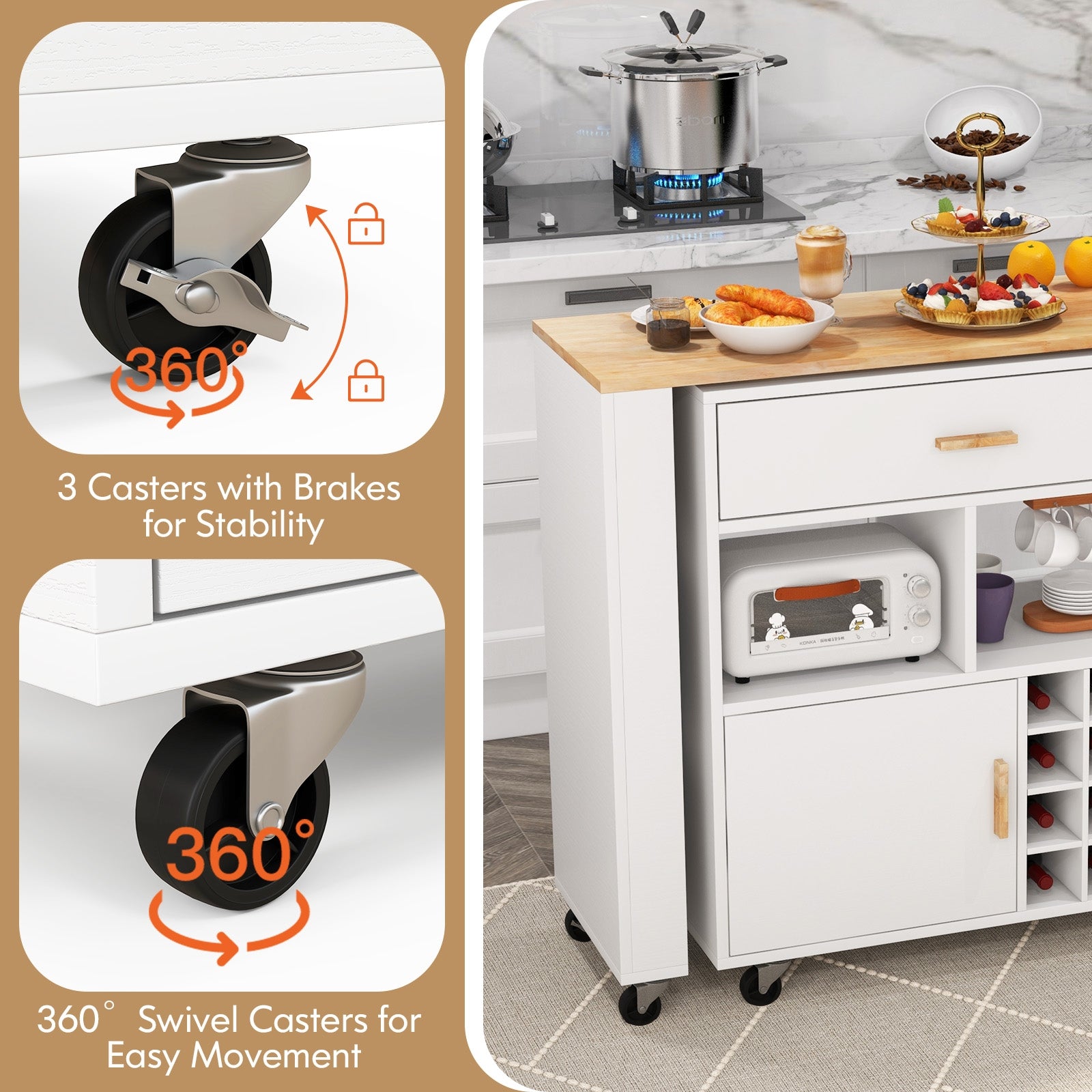 Reversible Folding Kitchen Island Cart with Wine Rack and Spice Rack, White Kitchen Islands & Carts at Gallery Canada