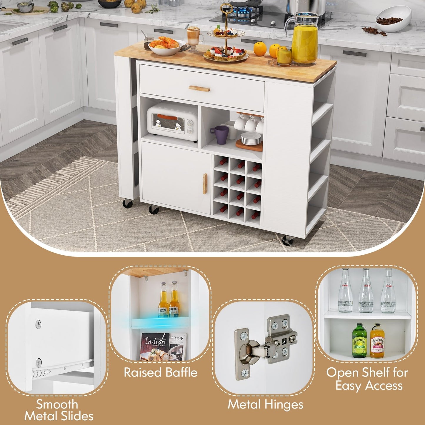 Reversible Folding Kitchen Island Cart with Wine Rack and Spice Rack, White Kitchen Islands & Carts   at Gallery Canada