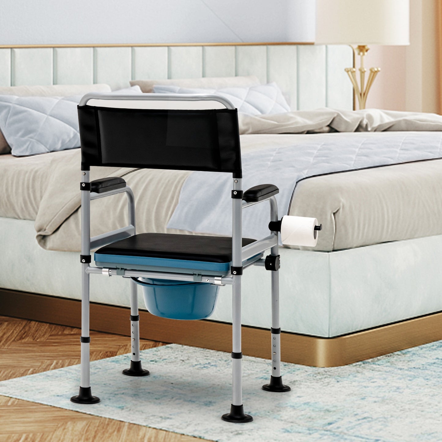 4-in-1 Folding Bedside Commode Chair with Detachable Bucket and Towel Holder, Silver Bath Safety   at Gallery Canada