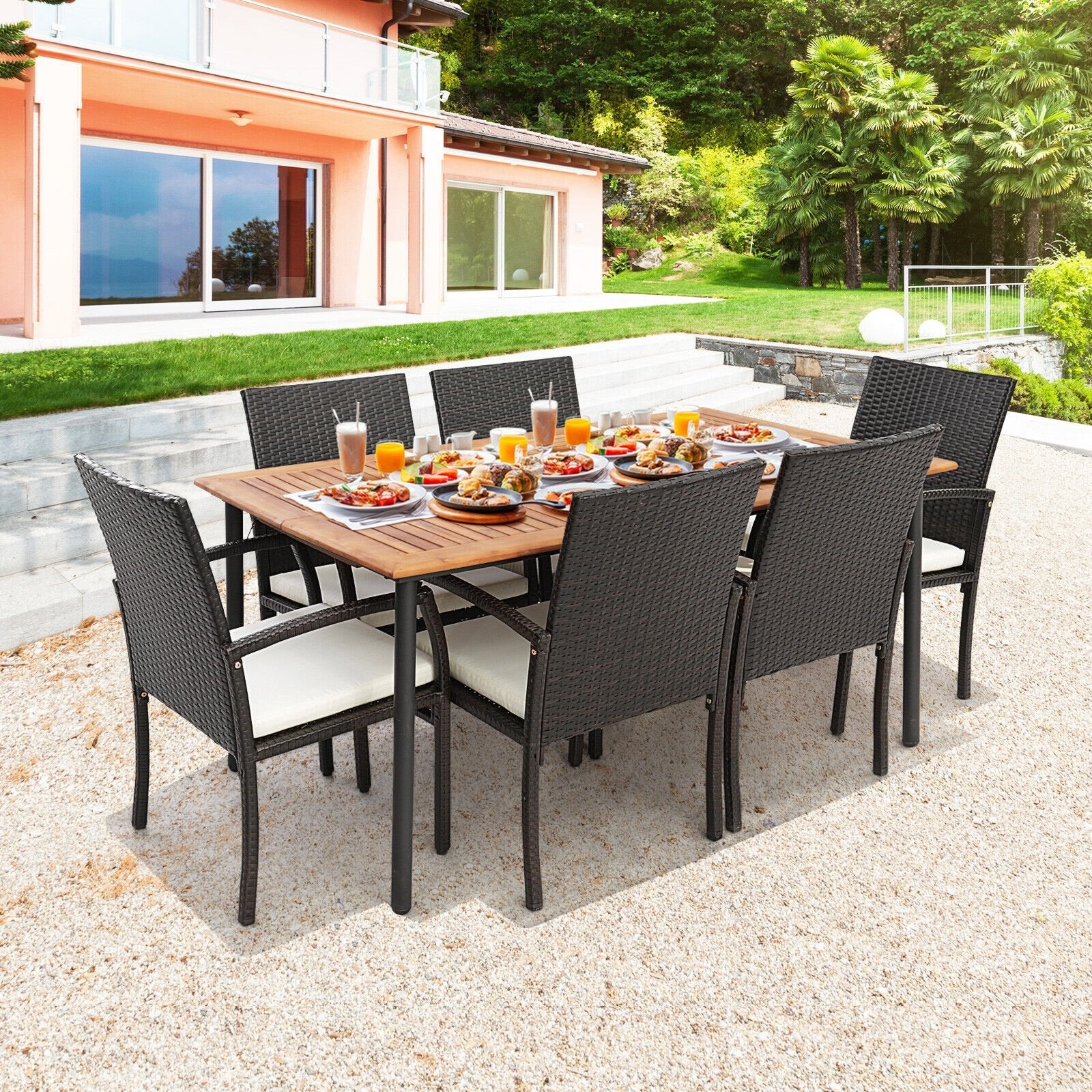 7 Pieces Patio Wicker Cushioned Dining Set with Umbrella Hole, Natural Patio Dining Sets   at Gallery Canada