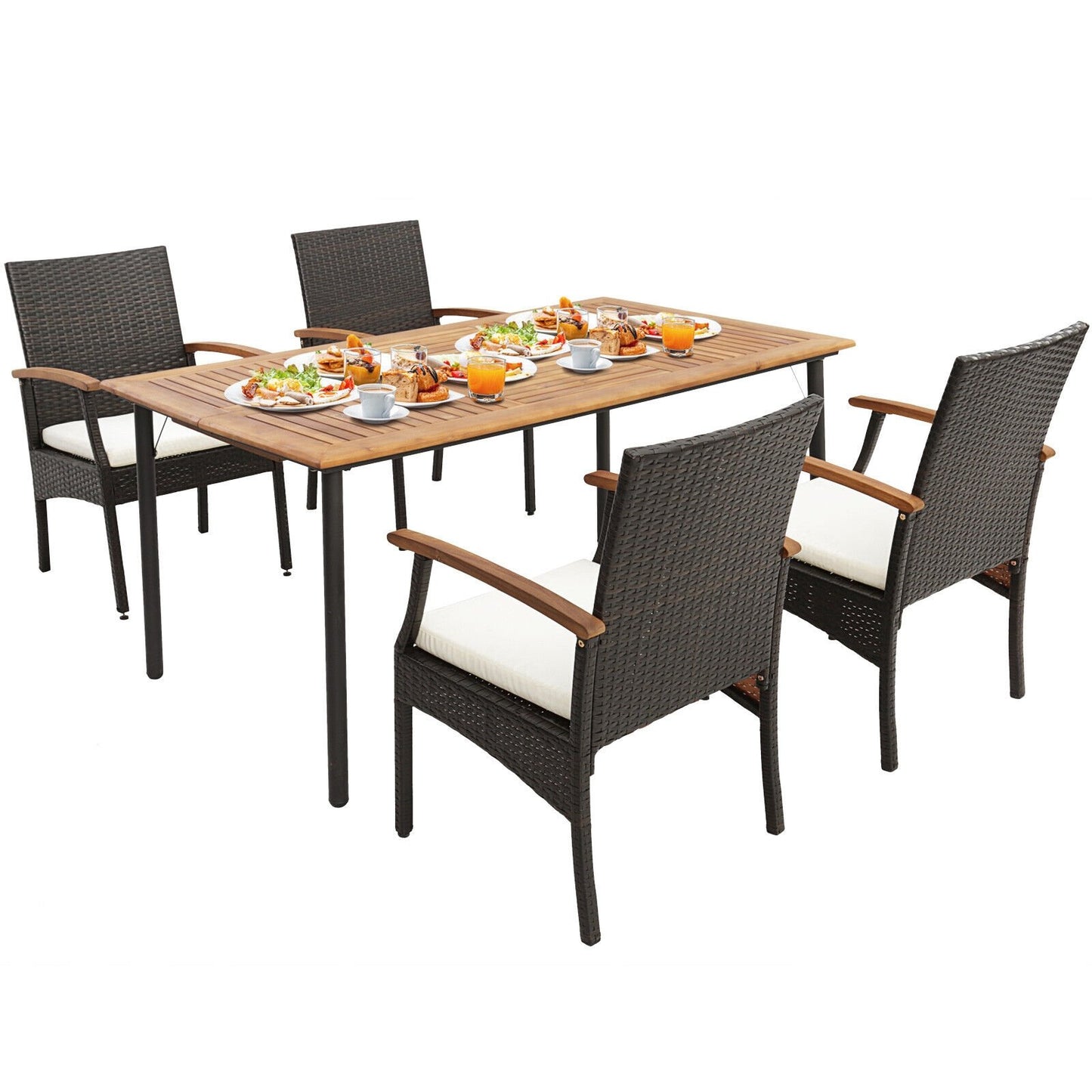 5 Pieces Patio Wicker Cushioned Dining Set with Wood Armrest and Umbrella Hole, Natural Patio Dining Sets   at Gallery Canada