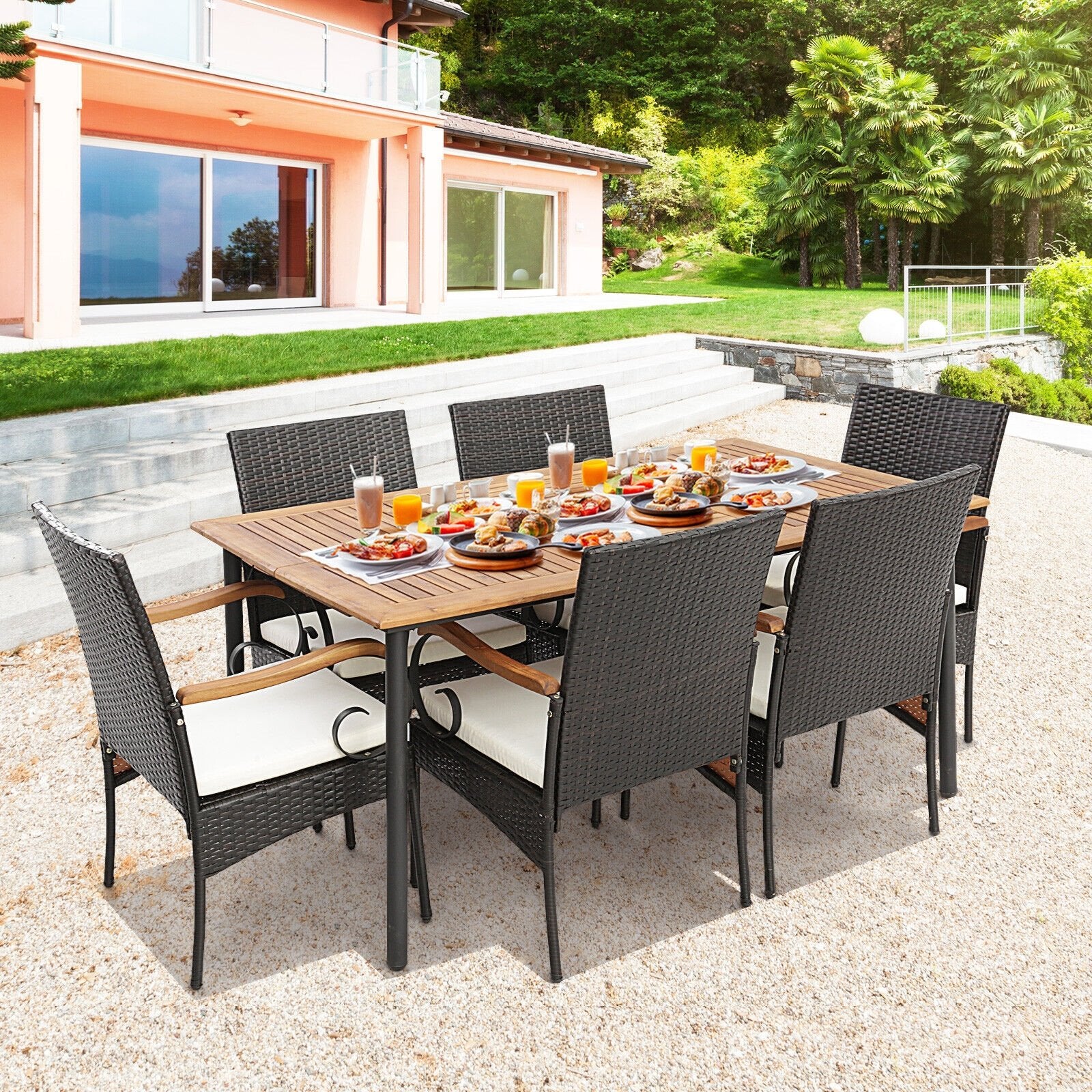 7 Pieces Patio Wicker Dining Set with Detachable Cushion and Umbrella Hole, Natural Patio Dining Sets   at Gallery Canada