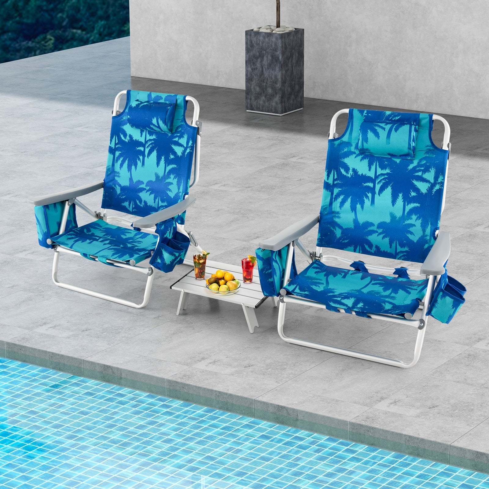 2 Packs 5-Position Outdoor Folding Backpack Beach Table Chair Reclining Chair Set, Navy Beach & Lawn Chairs at Gallery Canada