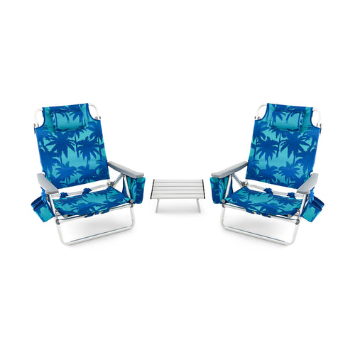 2 Packs 5-Position Outdoor Folding Backpack Beach Table Chair Reclining Chair Set, Navy