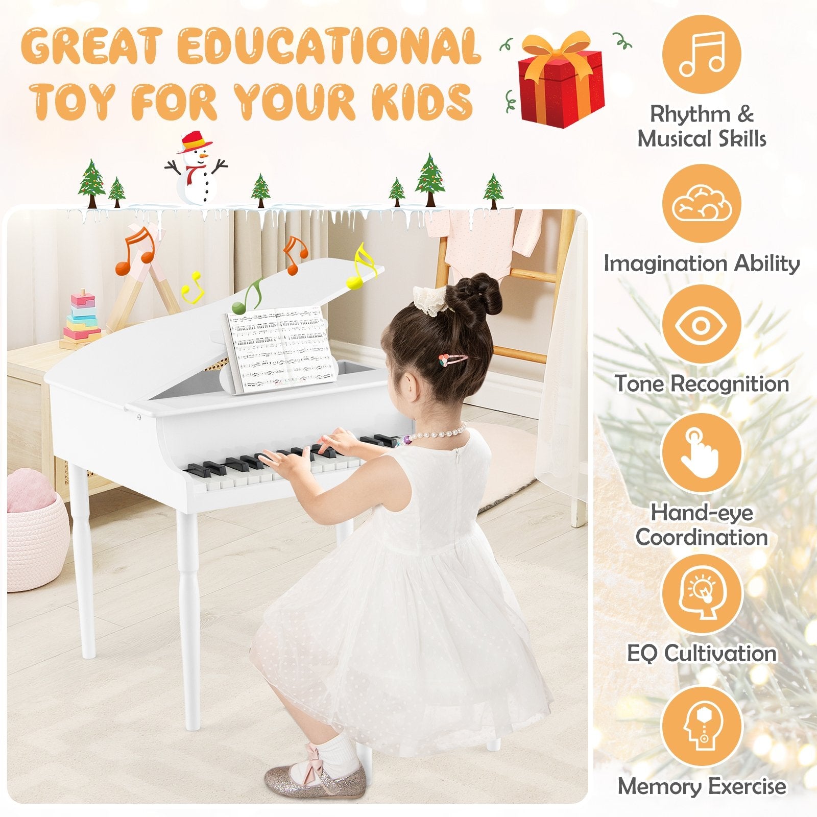 30-Key Wood Toy Kids Grand Piano with Bench and Music Rack, White Pianos & Keyboards   at Gallery Canada