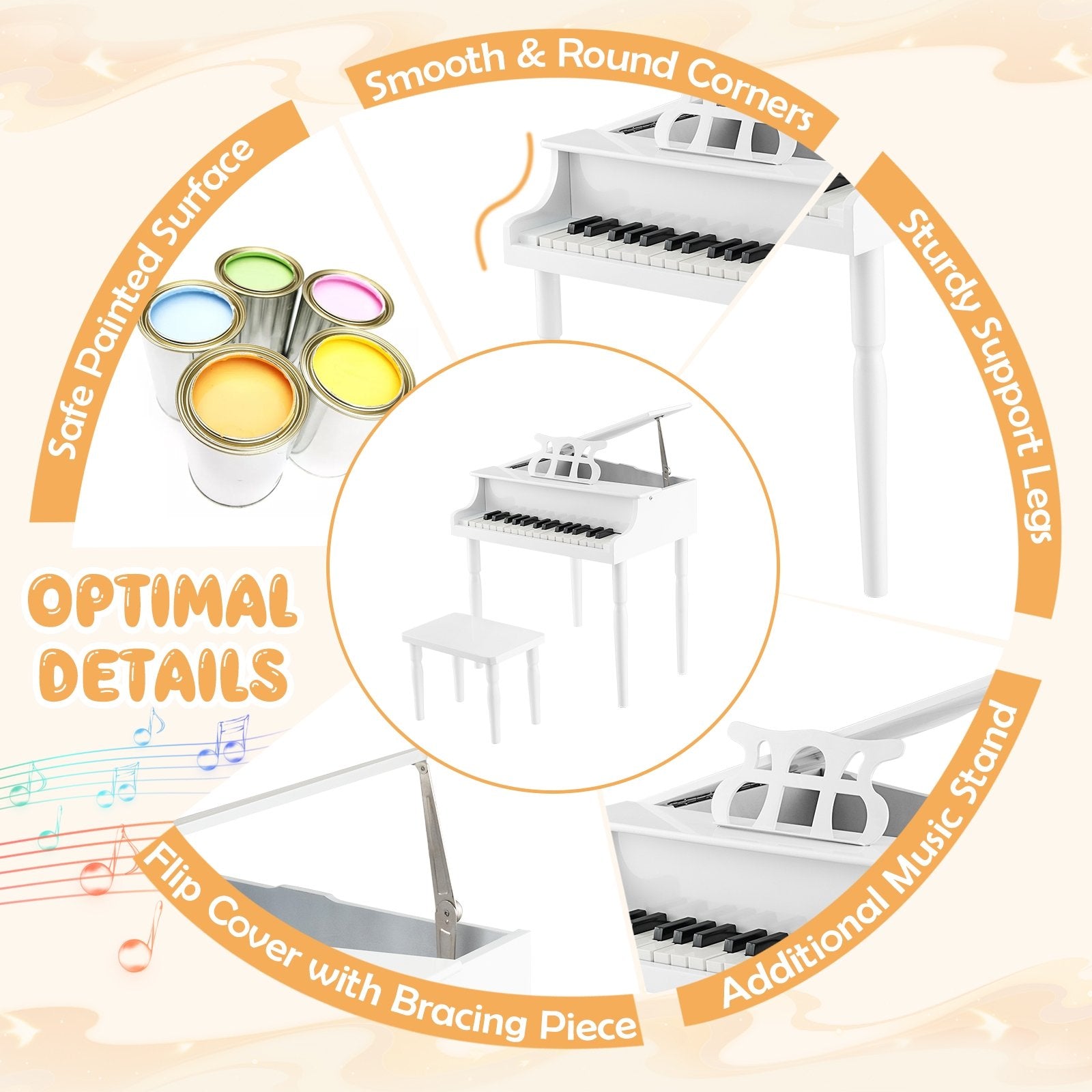 30-Key Wood Toy Kids Grand Piano with Bench and Music Rack, White Pianos & Keyboards   at Gallery Canada