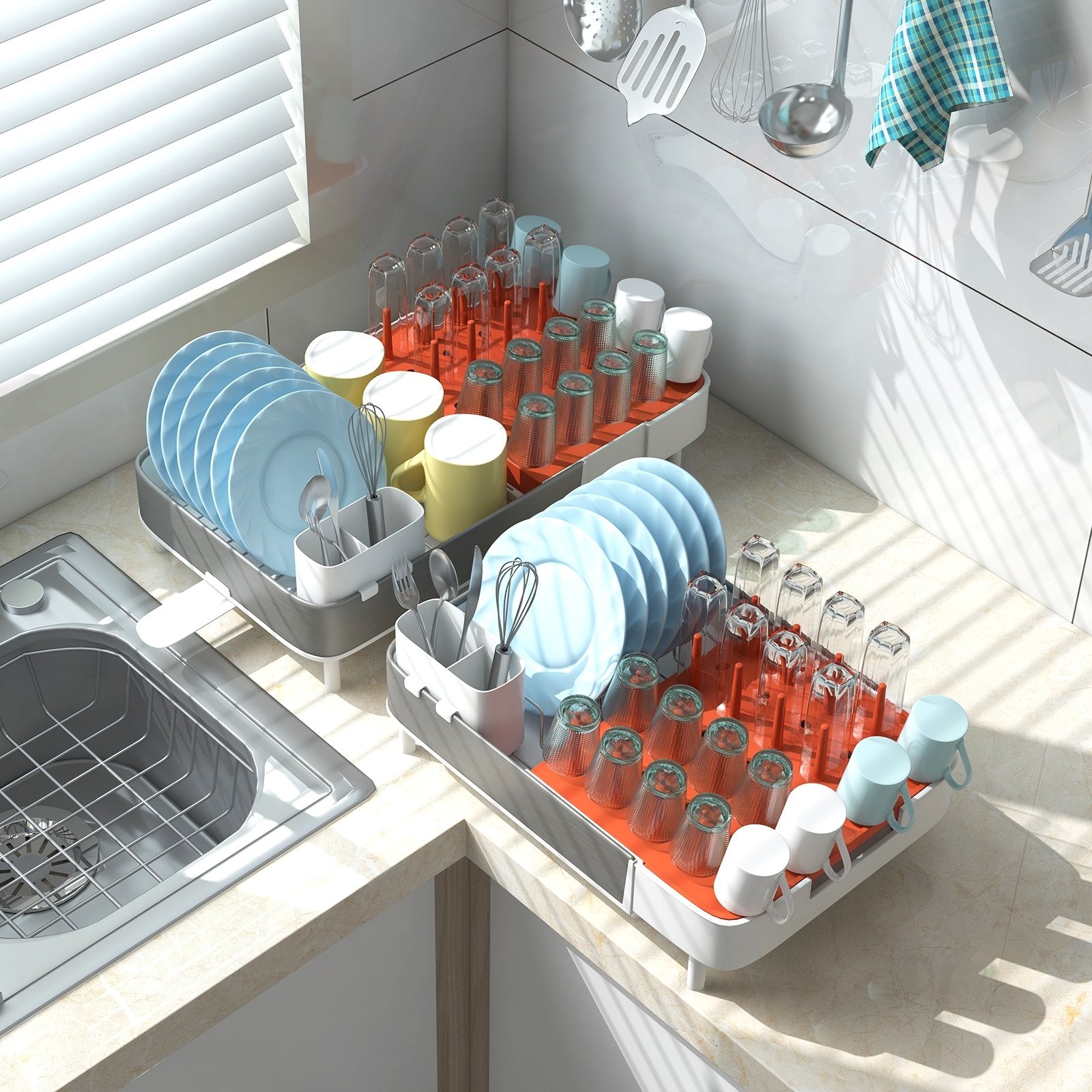 Expandable Dish Drying Rack Adjustable Dual-Part Dish Drainer with Detachable Utensil Holder, Gray & White Dish Racks   at Gallery Canada