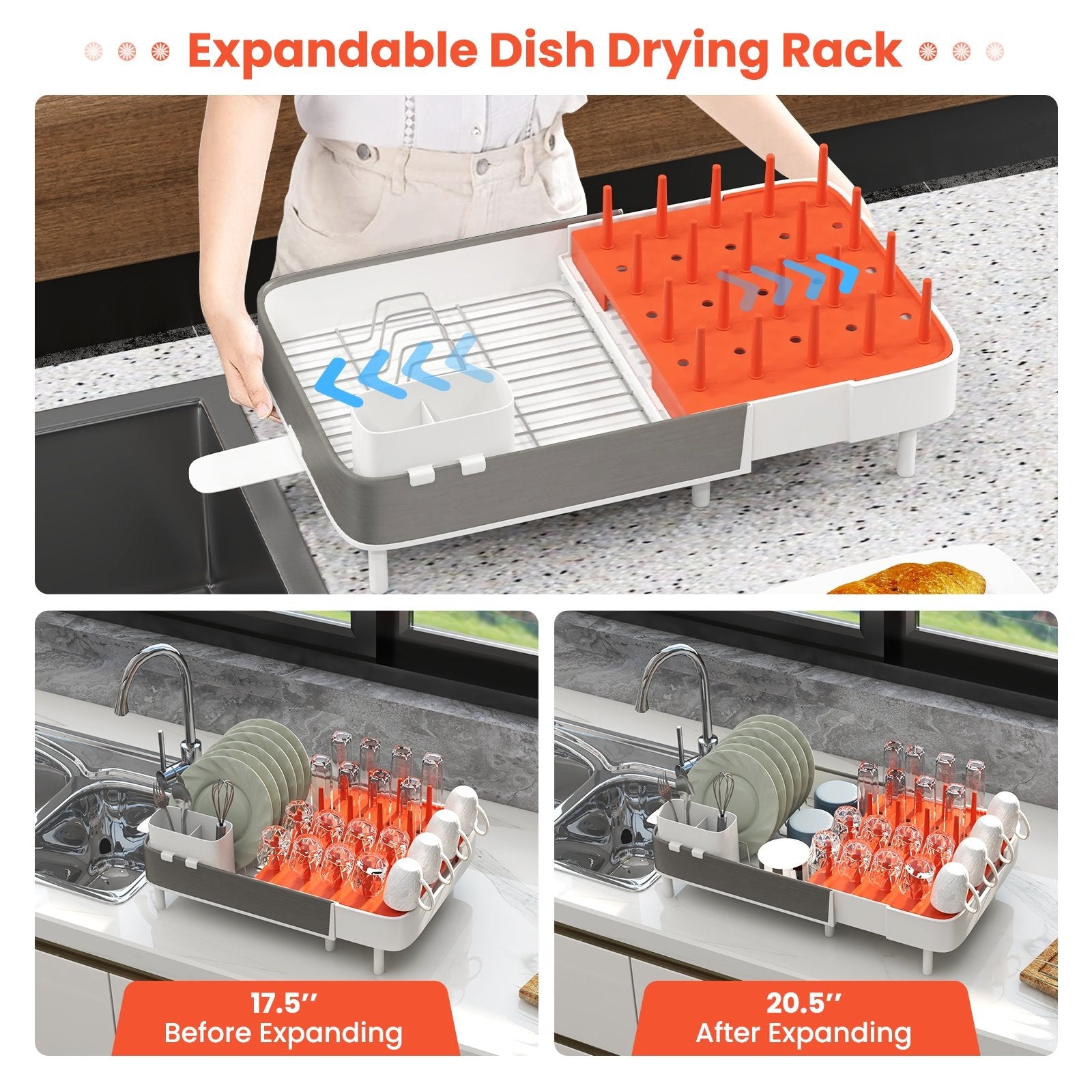 Expandable Dish Drying Rack Adjustable Dual-Part Dish Drainer with Detachable Utensil Holder, Gray & White Dish Racks   at Gallery Canada