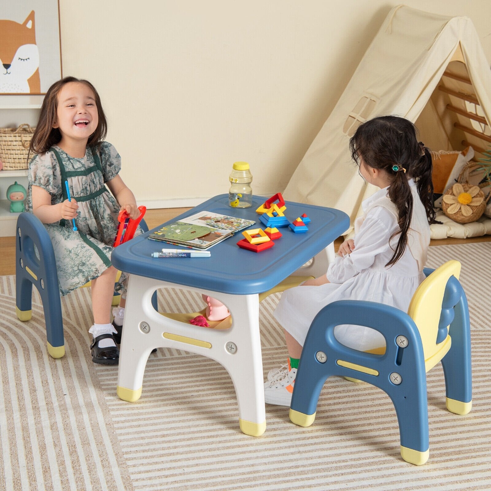 Kids Table and 2 Chairs Set with Storage Shelf and Building Blocks, Blue Kids Table & Chair Sets   at Gallery Canada