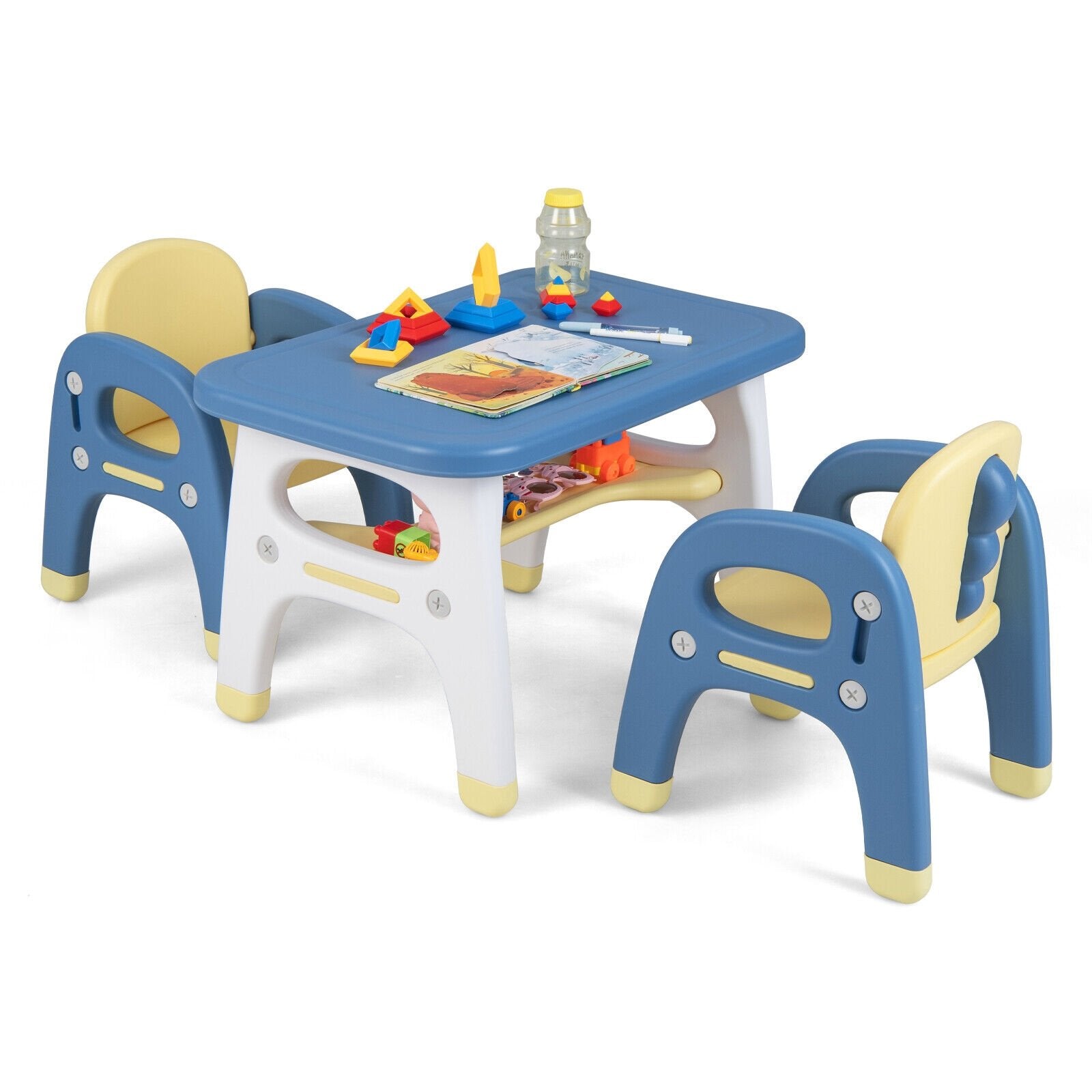 Kids Table and 2 Chairs Set with Storage Shelf and Building Blocks, Blue Kids Table & Chair Sets   at Gallery Canada