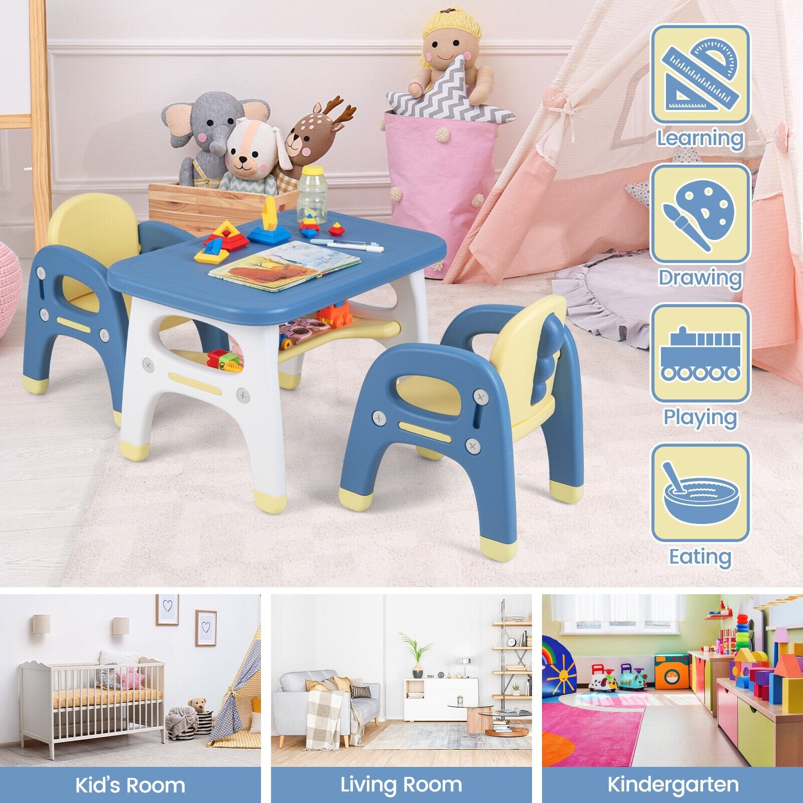 Kids Table and 2 Chairs Set with Storage Shelf and Building Blocks, Blue Kids Table & Chair Sets   at Gallery Canada