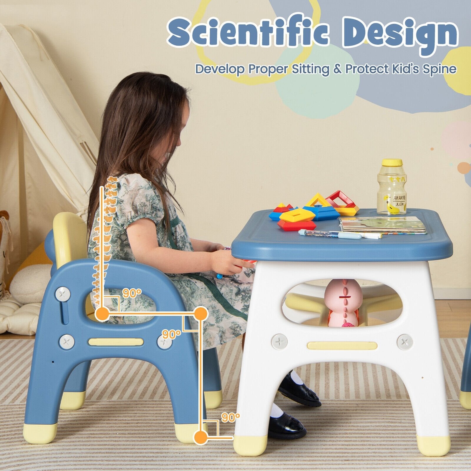 Kids Table and 2 Chairs Set with Storage Shelf and Building Blocks, Blue Kids Table & Chair Sets   at Gallery Canada