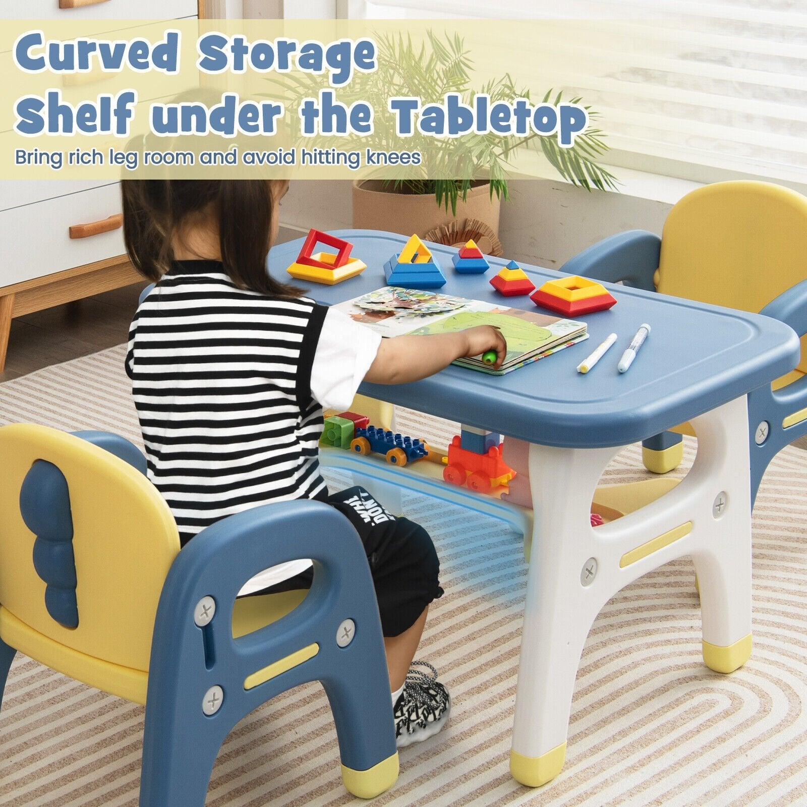 Kids Table and 2 Chairs Set with Storage Shelf and Building Blocks, Blue Kids Table & Chair Sets   at Gallery Canada