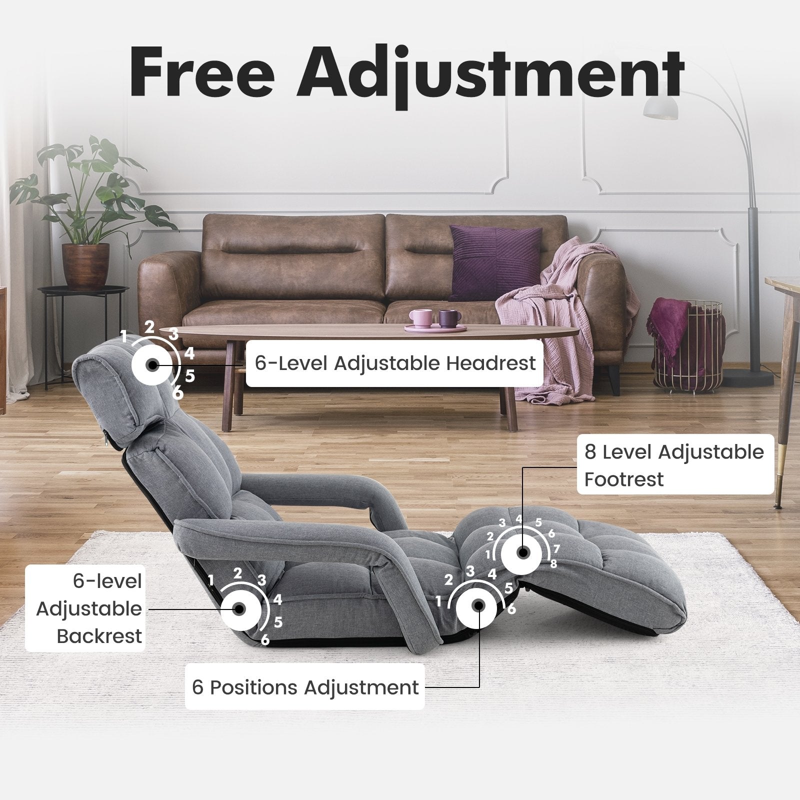 6-Position Adjustable Floor Chair with Adjustable Armrests and Footrest, Gray Floor Chairs   at Gallery Canada