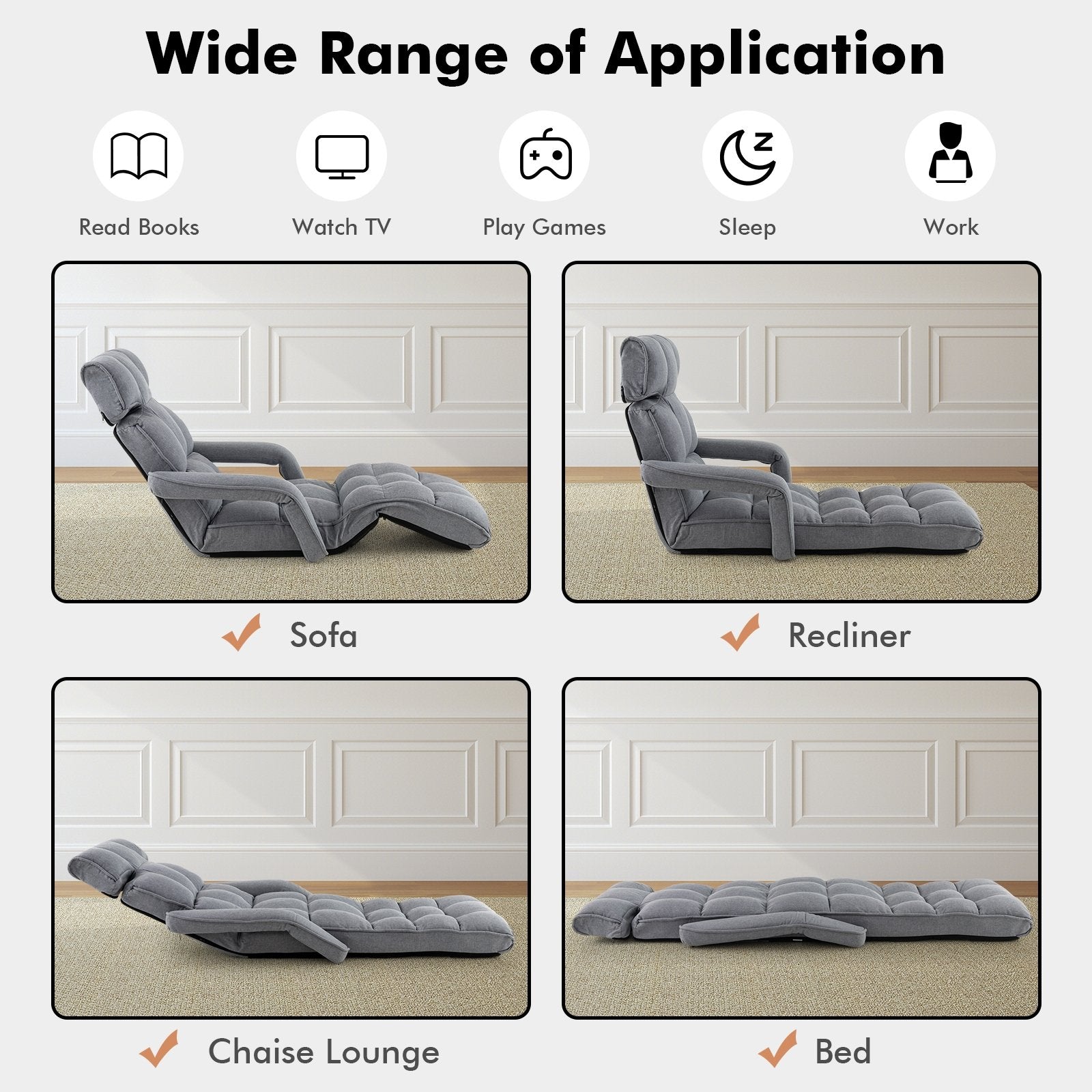 6-Position Adjustable Floor Chair with Adjustable Armrests and Footrest, Gray Floor Chairs   at Gallery Canada