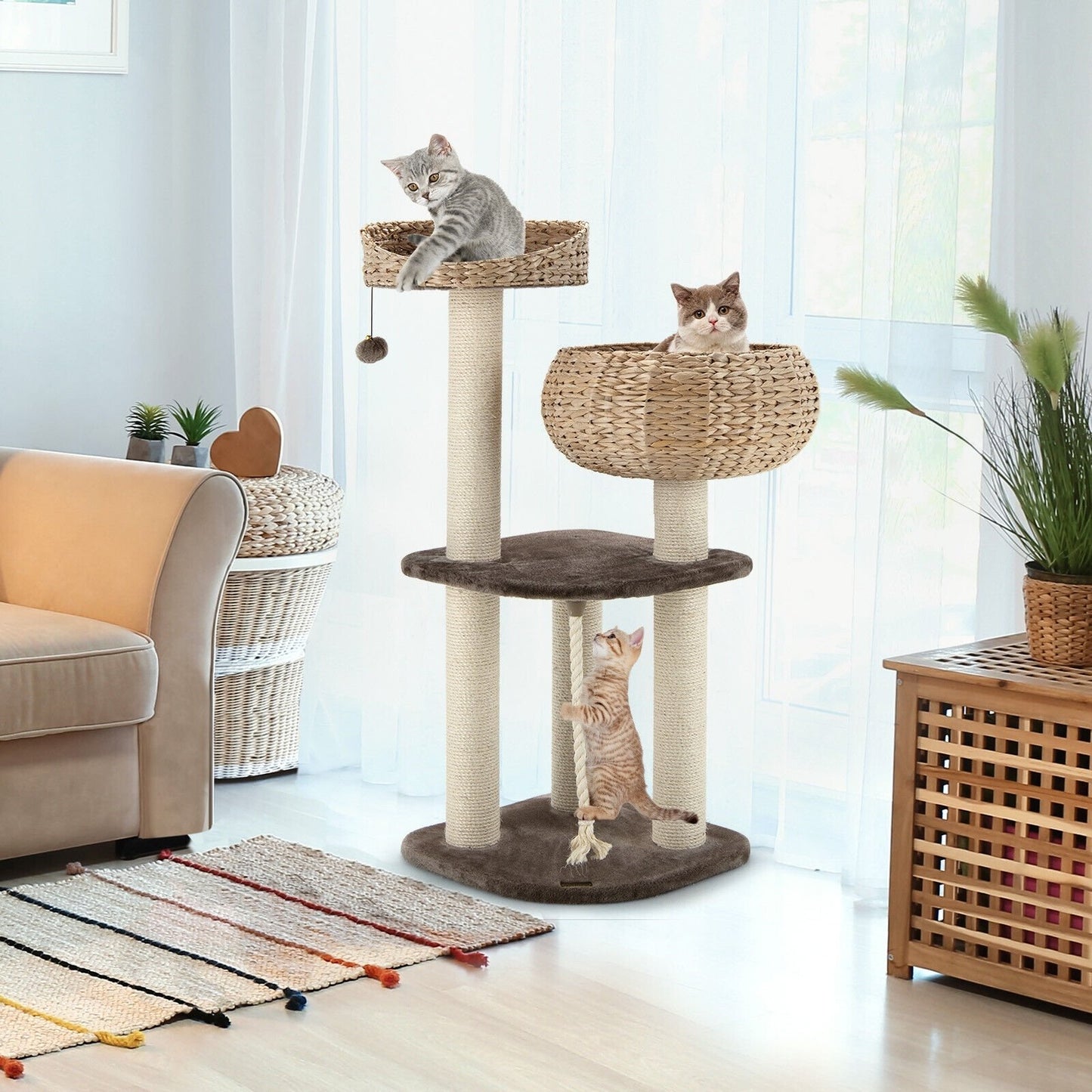 41 Inch Rattan Cat Tree with Napping Perch, Beige Cat Trees Condos & Scratchers   at Gallery Canada