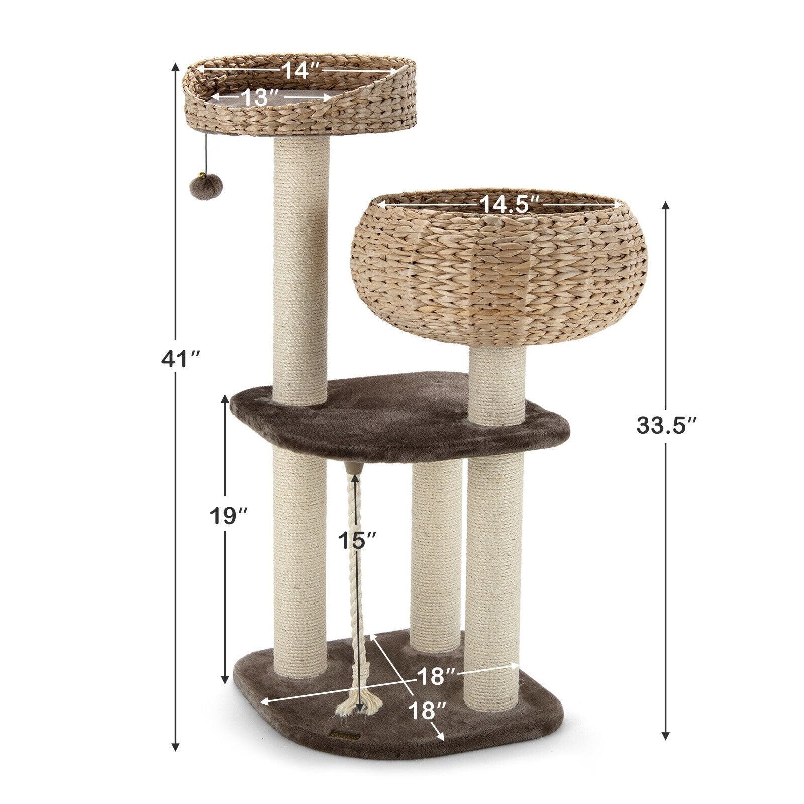 41 Inch Rattan Cat Tree with Napping Perch, Beige Cat Trees Condos & Scratchers   at Gallery Canada