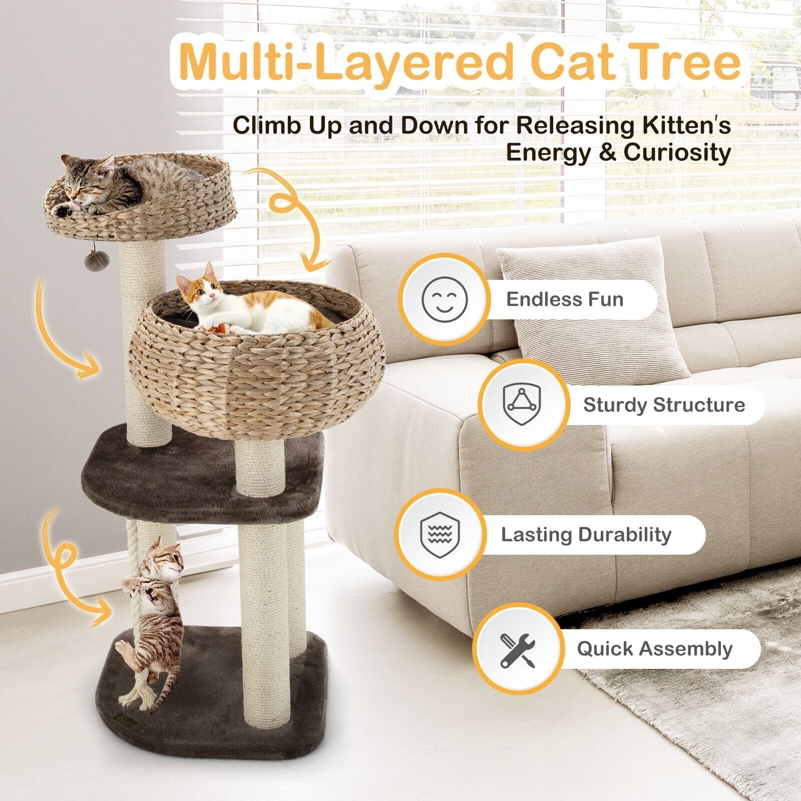 41 Inch Rattan Cat Tree with Napping Perch, Beige Cat Trees Condos & Scratchers   at Gallery Canada