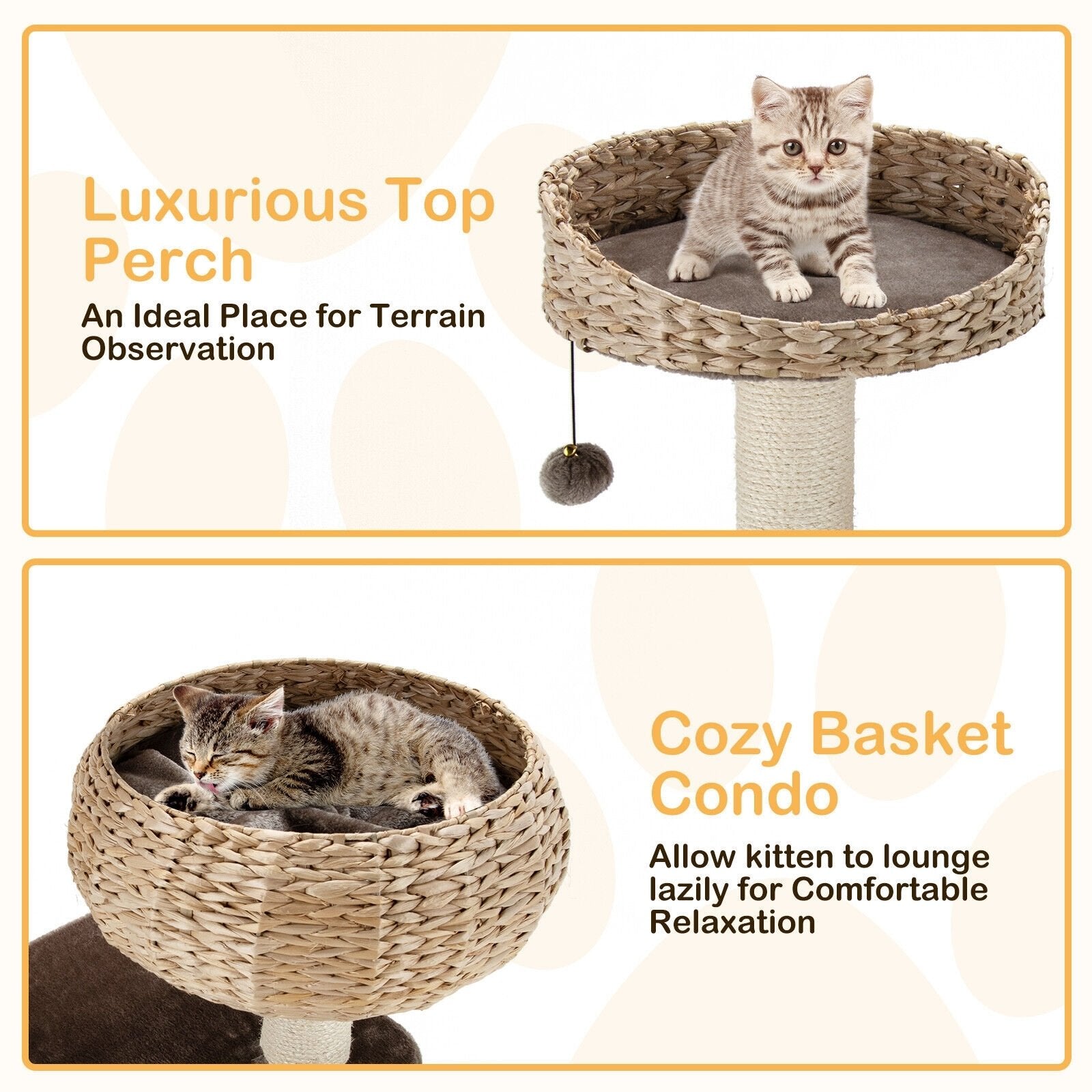 41 Inch Rattan Cat Tree with Napping Perch, Beige Cat Trees Condos & Scratchers   at Gallery Canada