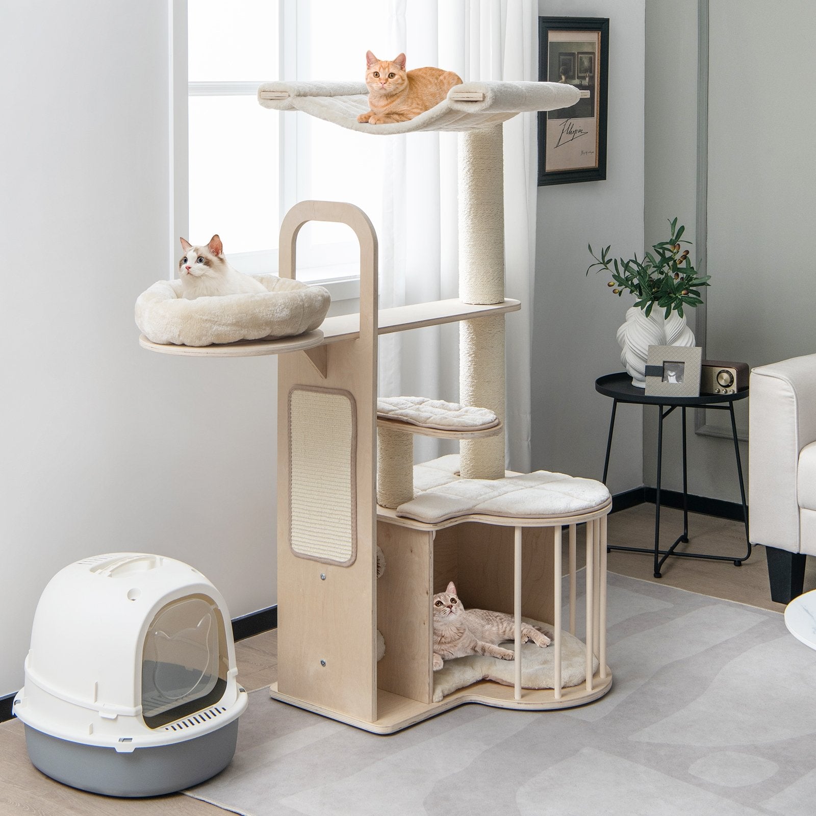 55 Inch Tall Multi-Level Cat Tree with Washable Removable Cushions, Natural Cat Trees Condos & Scratchers   at Gallery Canada