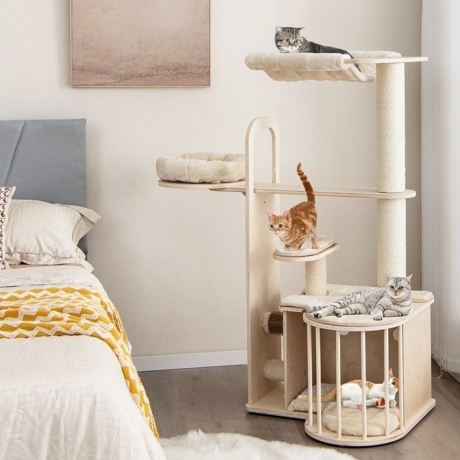 55 Inch Tall Multi-Level Cat Tree with Washable Removable Cushions, Natural Cat Trees Condos & Scratchers   at Gallery Canada