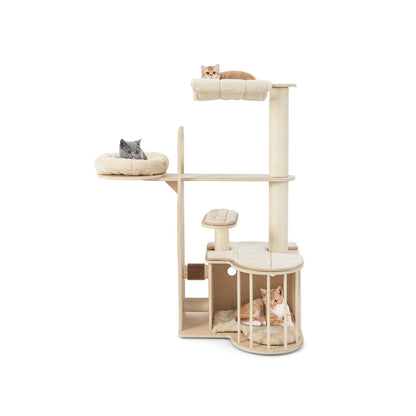 55 Inch Tall Multi-Level Cat Tree with Washable Removable Cushions, Natural - Gallery Canada