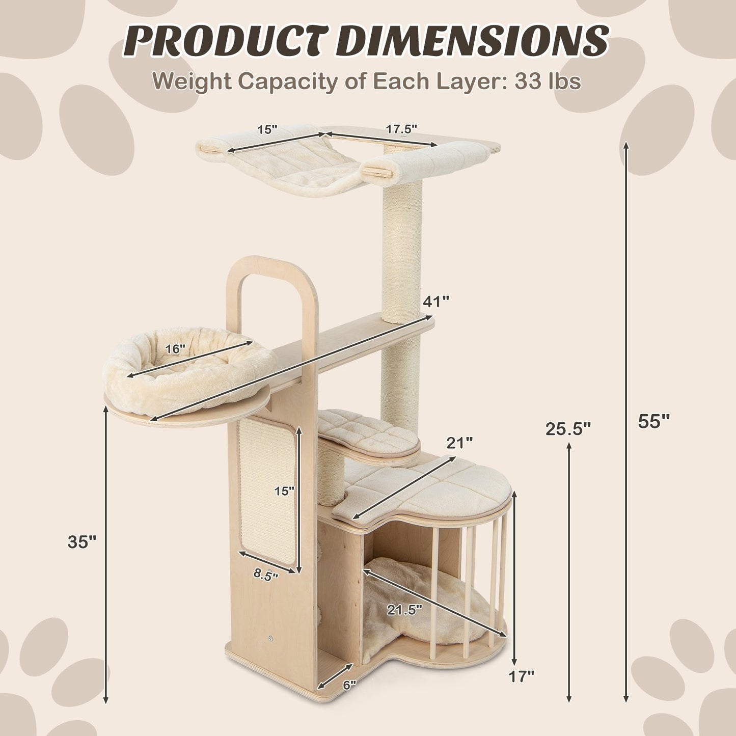55 Inch Tall Multi-Level Cat Tree with Washable Removable Cushions, Natural Cat Trees Condos & Scratchers   at Gallery Canada
