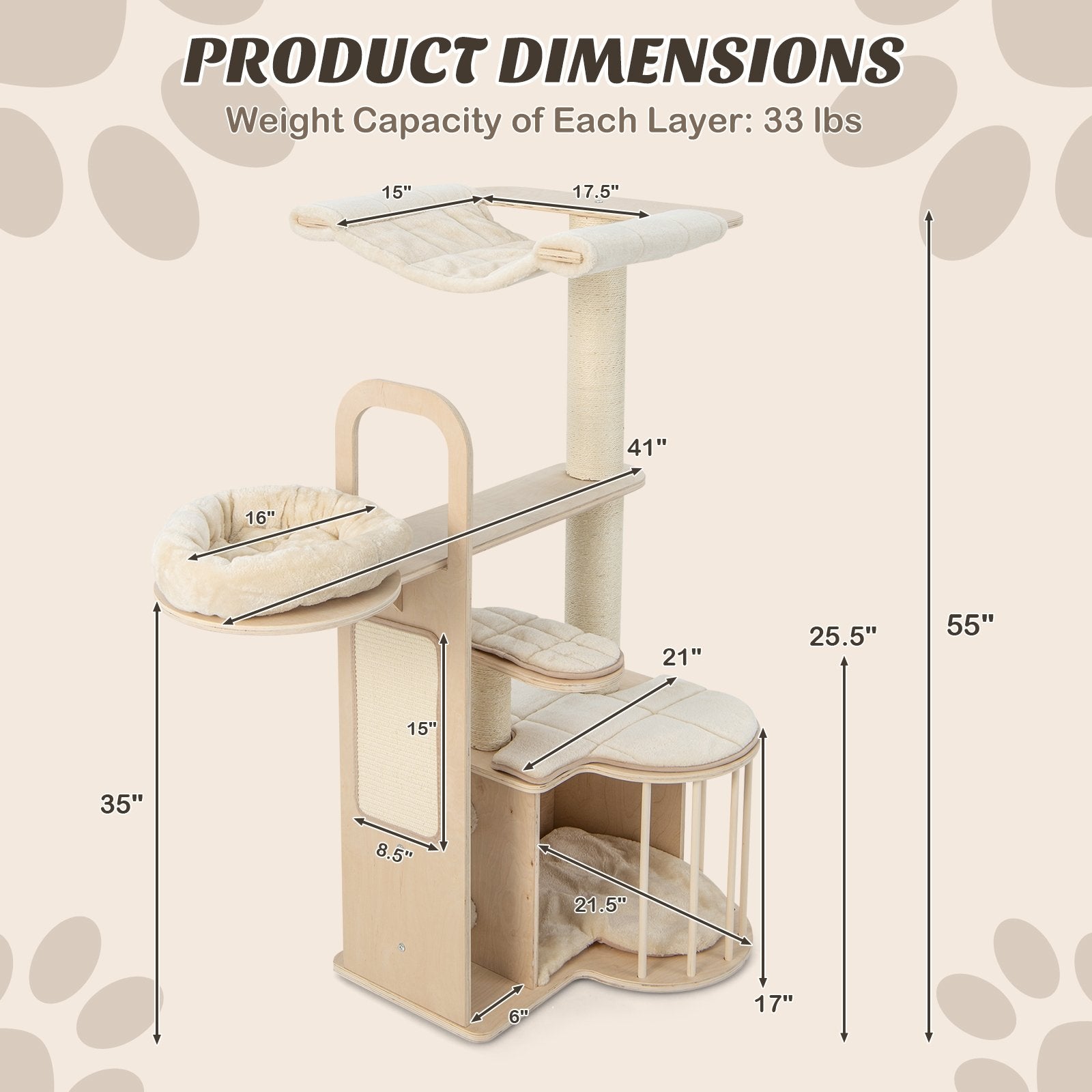 55 Inch Tall Multi-Level Cat Tree with Washable Removable Cushions, Natural - Gallery Canada
