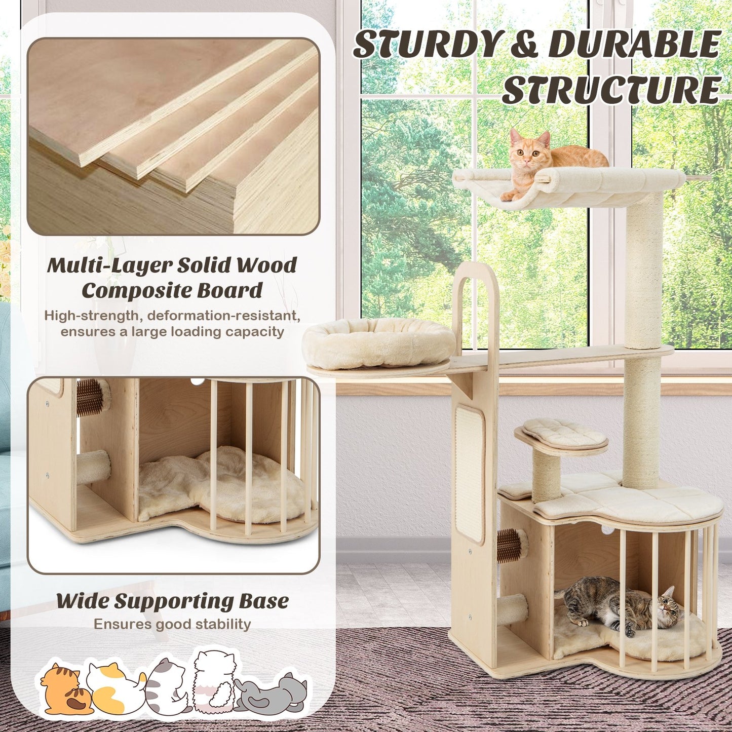55 Inch Tall Multi-Level Cat Tree with Washable Removable Cushions, Natural - Gallery Canada