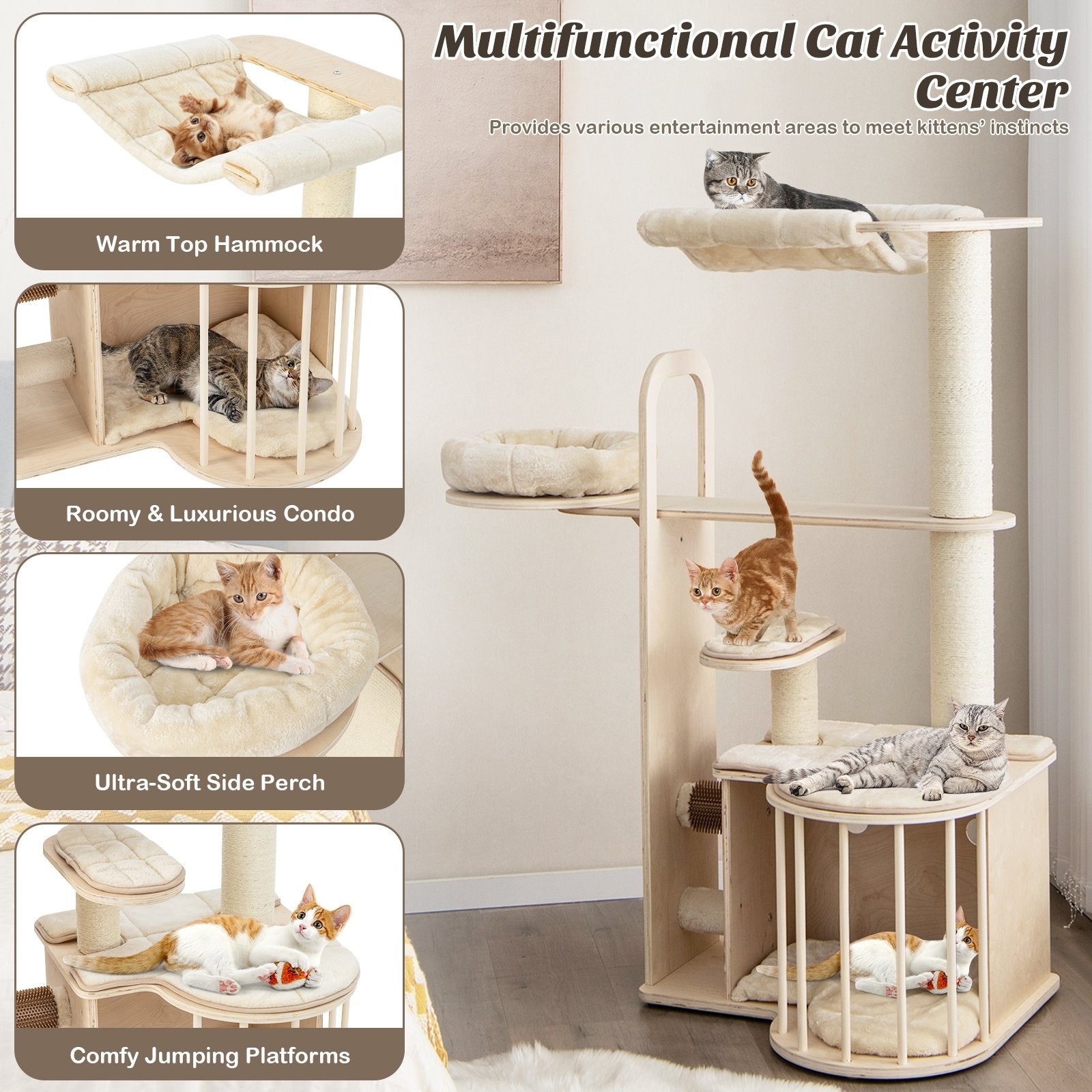 55 Inch Tall Multi-Level Cat Tree with Washable Removable Cushions, Natural Cat Trees Condos & Scratchers   at Gallery Canada