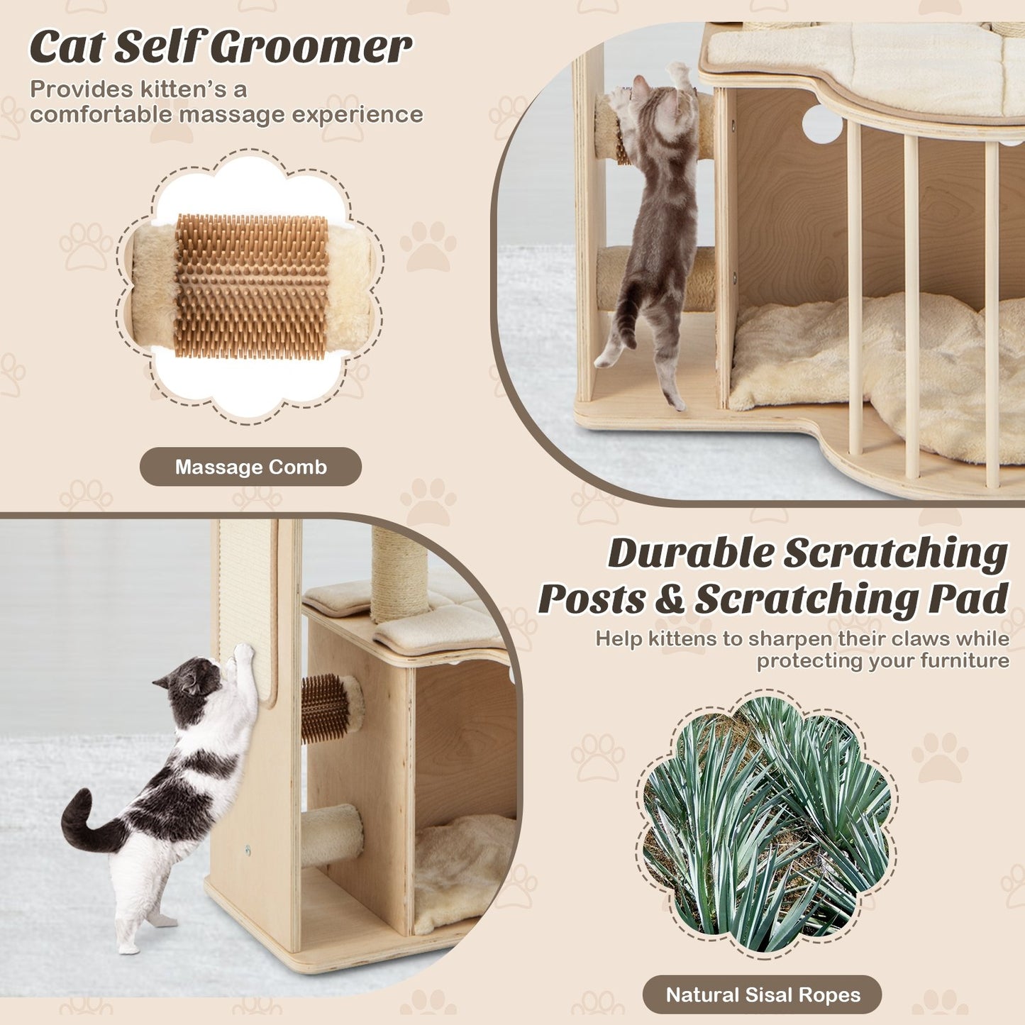 55 Inch Tall Multi-Level Cat Tree with Washable Removable Cushions, Natural Cat Trees Condos & Scratchers   at Gallery Canada