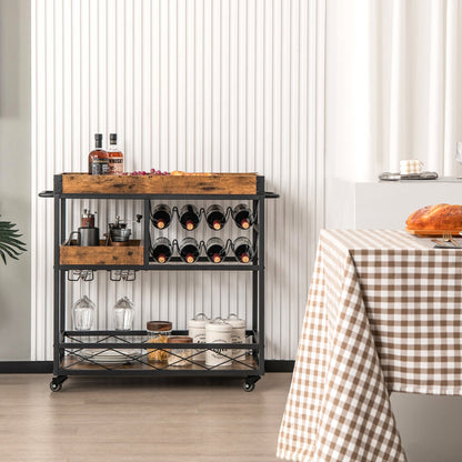 3-Tier Rolling Bar Cart with Removable Tray and Wine Rack, Rustic Brown Kitchen Islands & Carts   at Gallery Canada