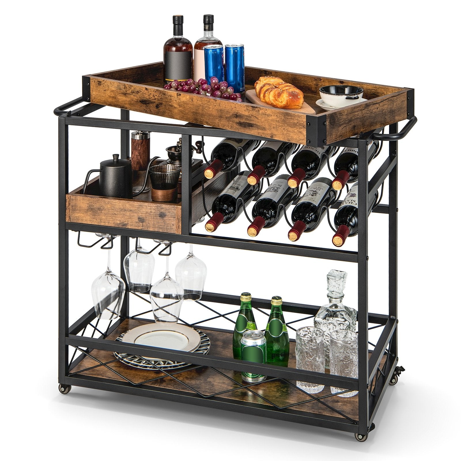 3-Tier Rolling Bar Cart with Removable Tray and Wine Rack, Rustic Brown Kitchen Islands & Carts   at Gallery Canada