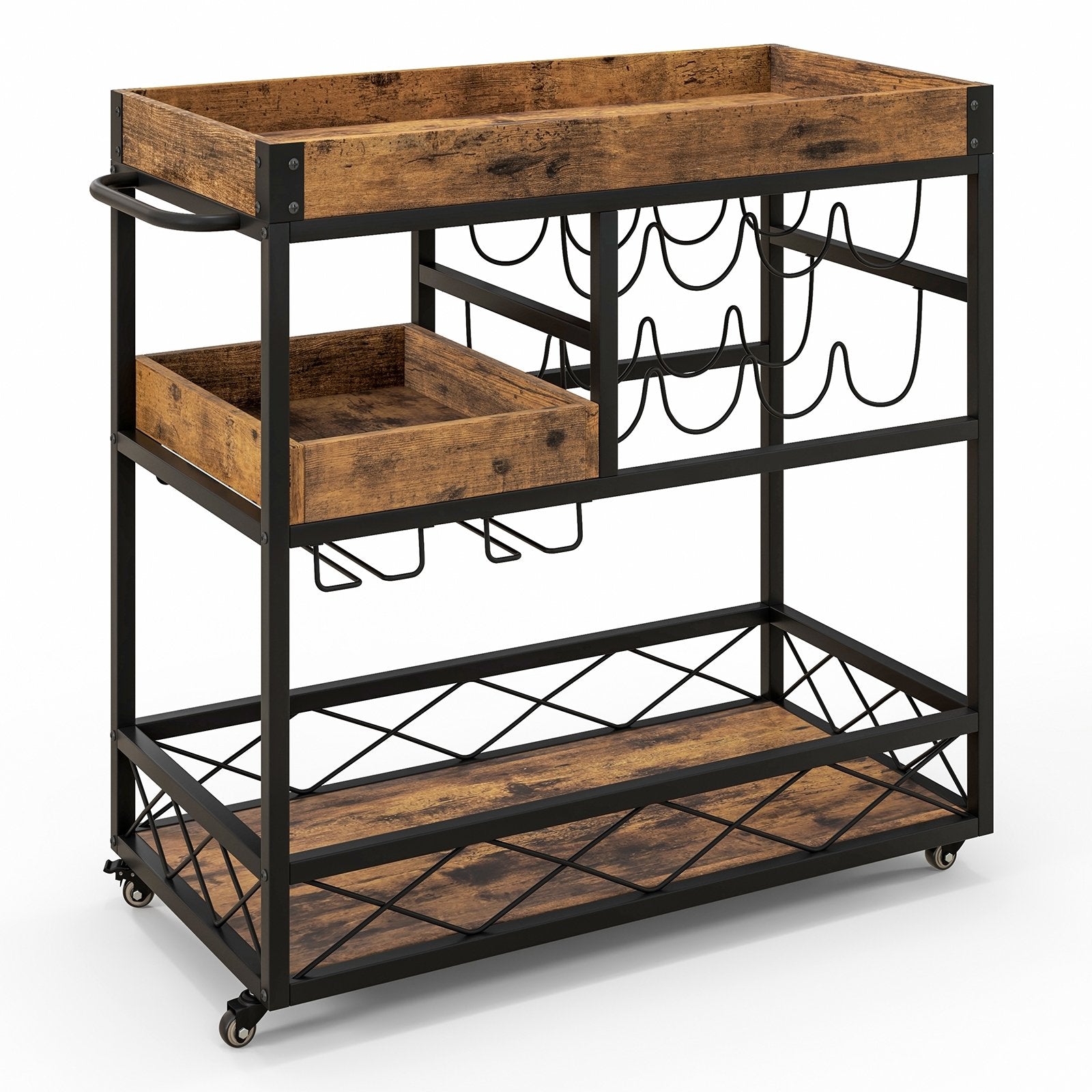 3-Tier Rolling Bar Cart with Removable Tray and Wine Rack, Rustic Brown Kitchen Islands & Carts   at Gallery Canada