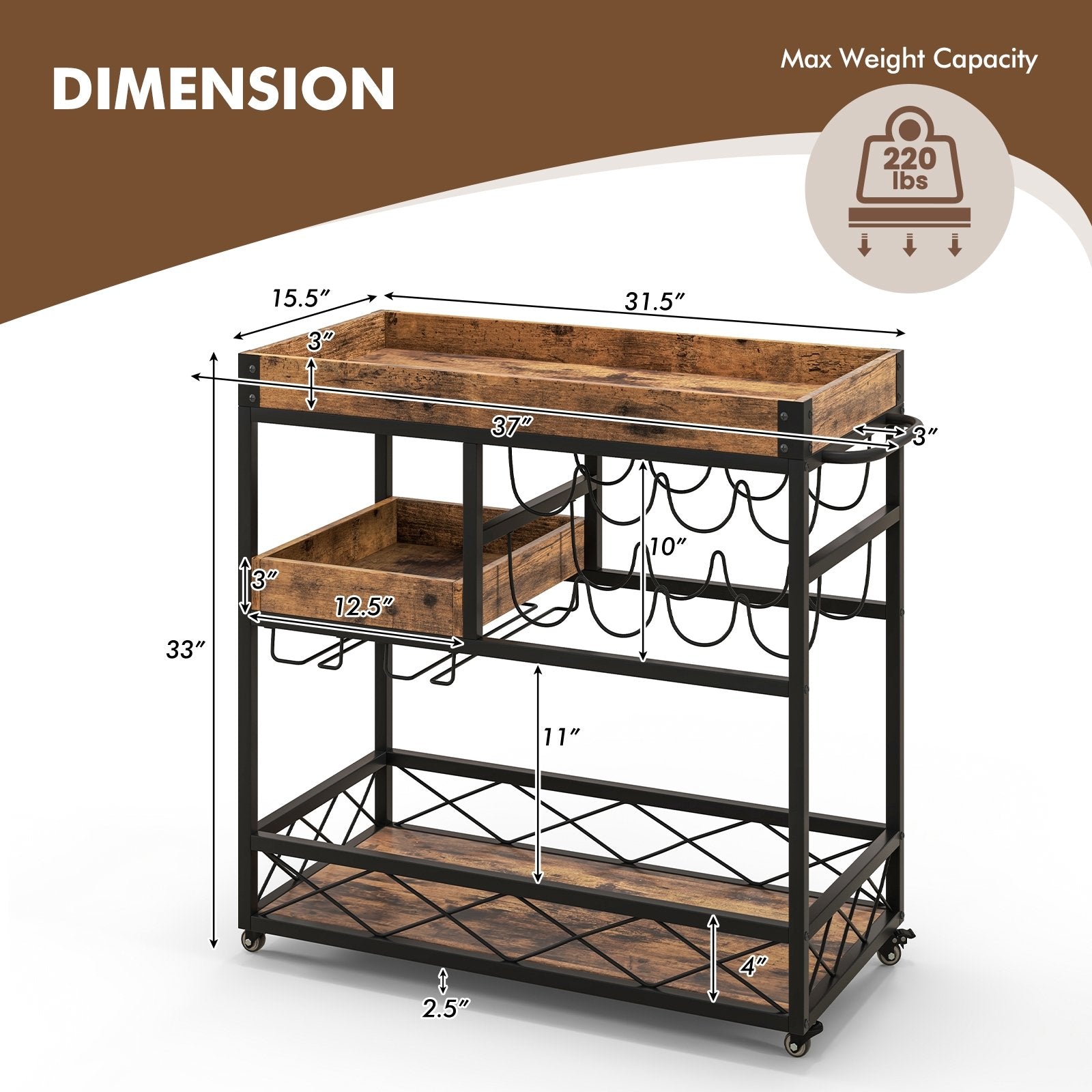 3-Tier Rolling Bar Cart with Removable Tray and Wine Rack, Rustic Brown Kitchen Islands & Carts   at Gallery Canada